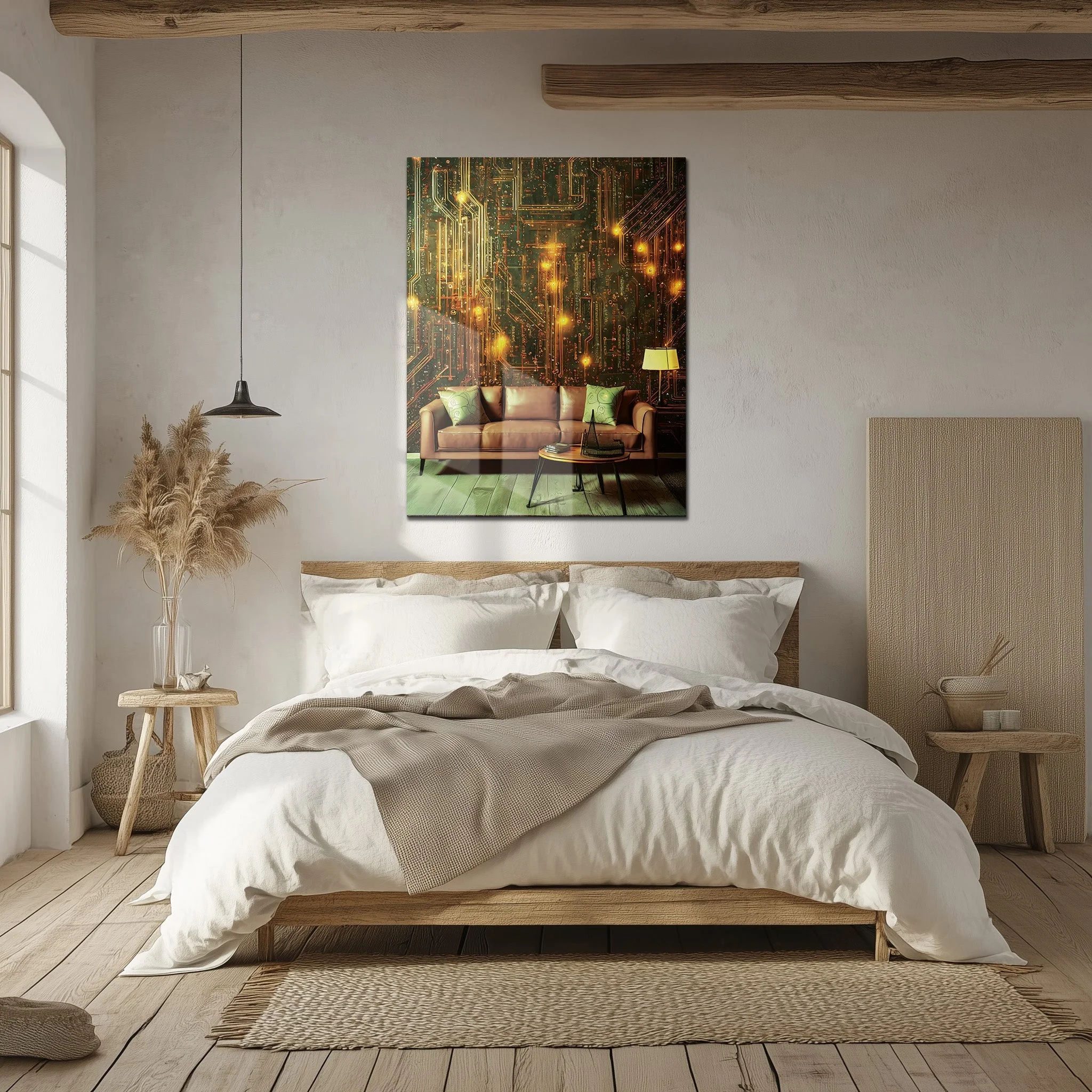 Circuit Board Living Room Glass Wall Art – Futuristic Tech-Inspired Home Scene-KAFCD010 - Image 5