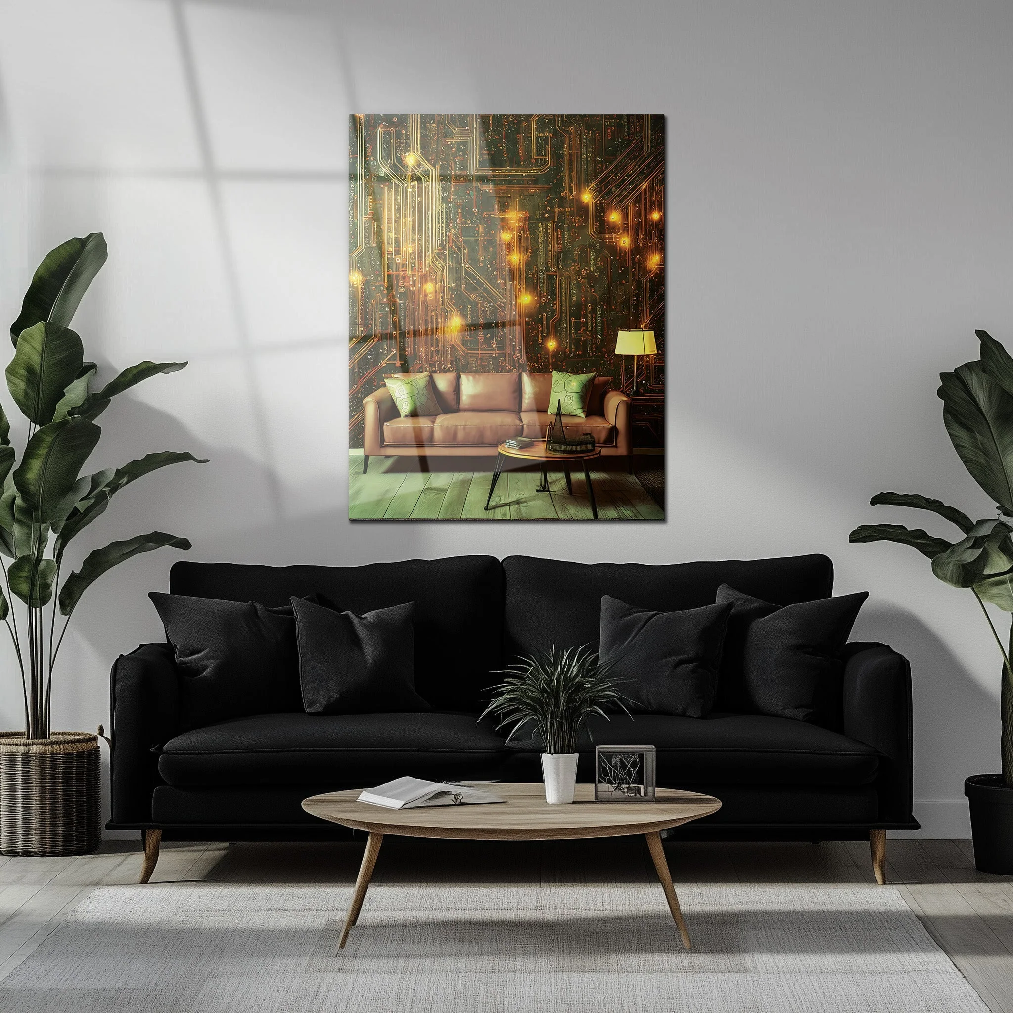 Circuit Board Living Room Glass Wall Art – Futuristic Tech-Inspired Home Scene-KAFCD010 - Image 6