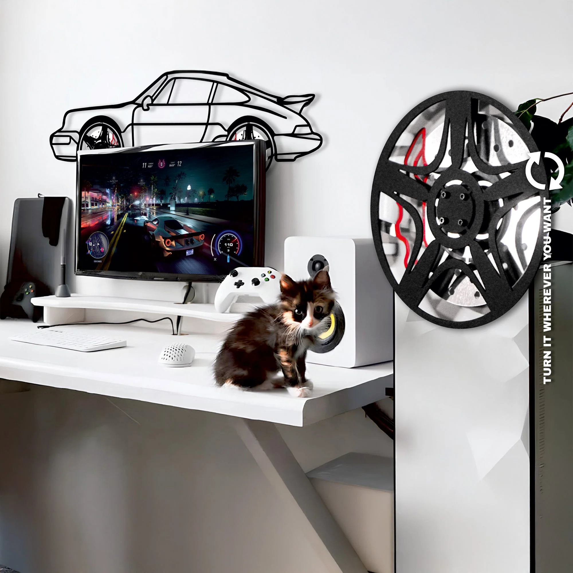 Classic Porsche 911 Wall Art – Retro Steel Silhouette with Spinning Wheels-KAFMEKA038 - Image 2