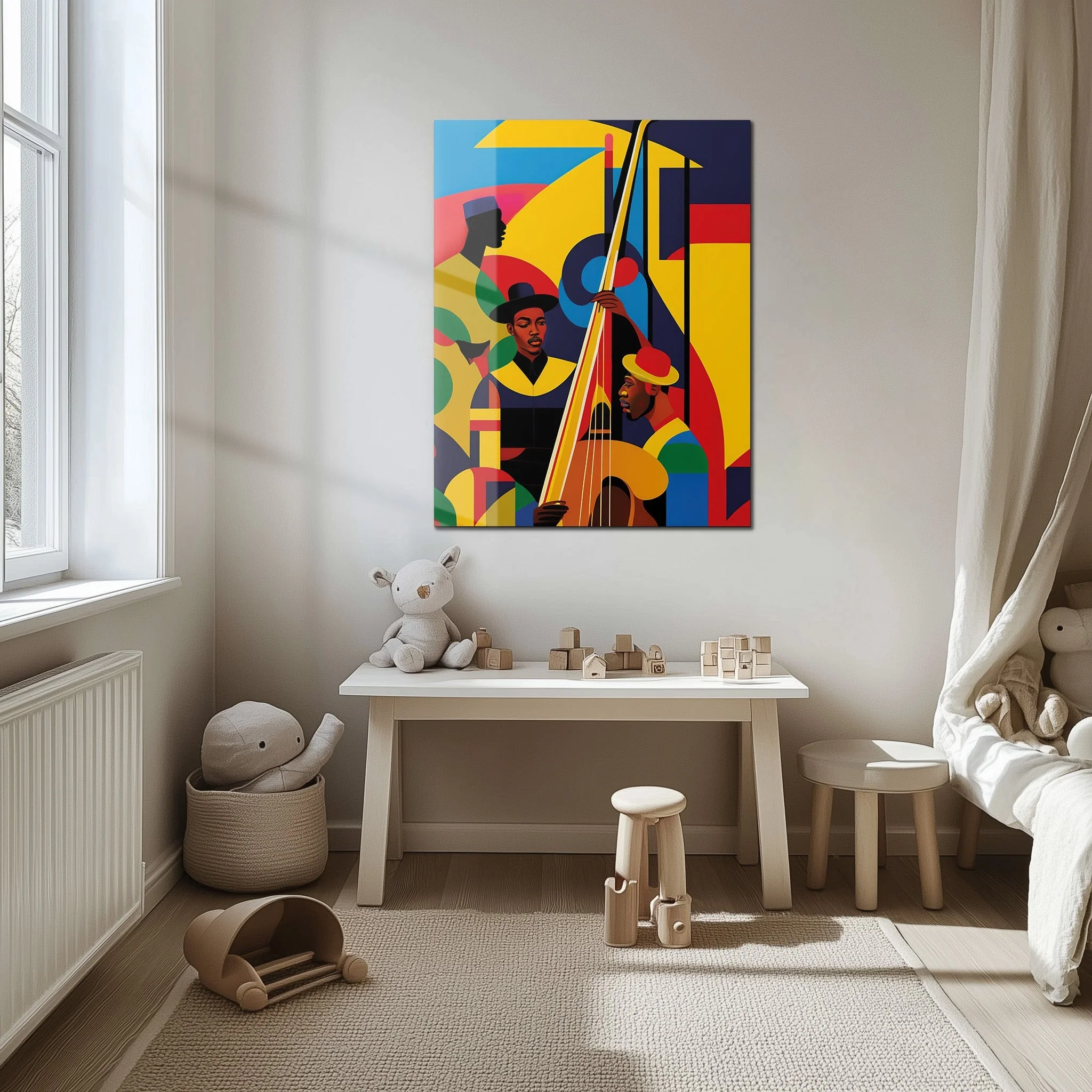 Colorful Jazz Musicians Glass Wall Art – Bold Abstract UV Print for Music Lovers-KAFCD022 - Image 4