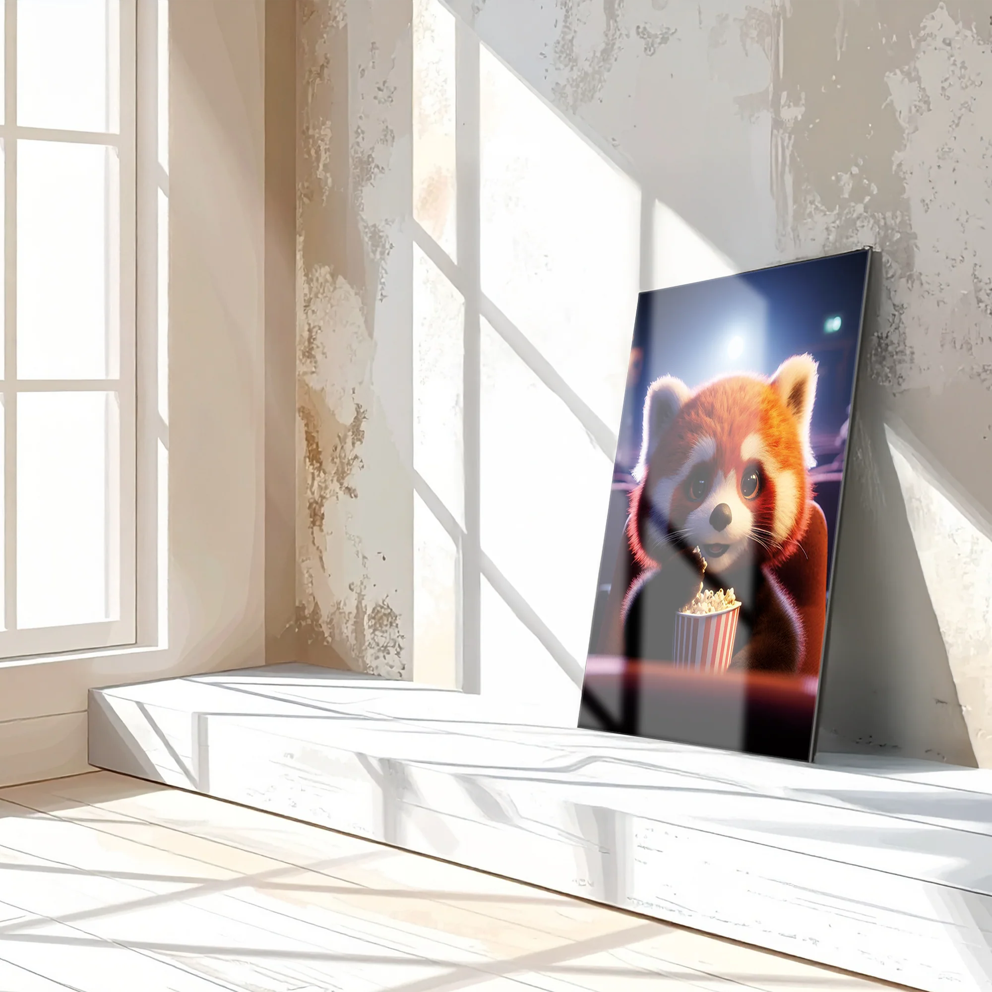 Cute Red Panda at the Movies Glass Wall Art – Whimsical UV Print Design-KAFCD028 - Image 3