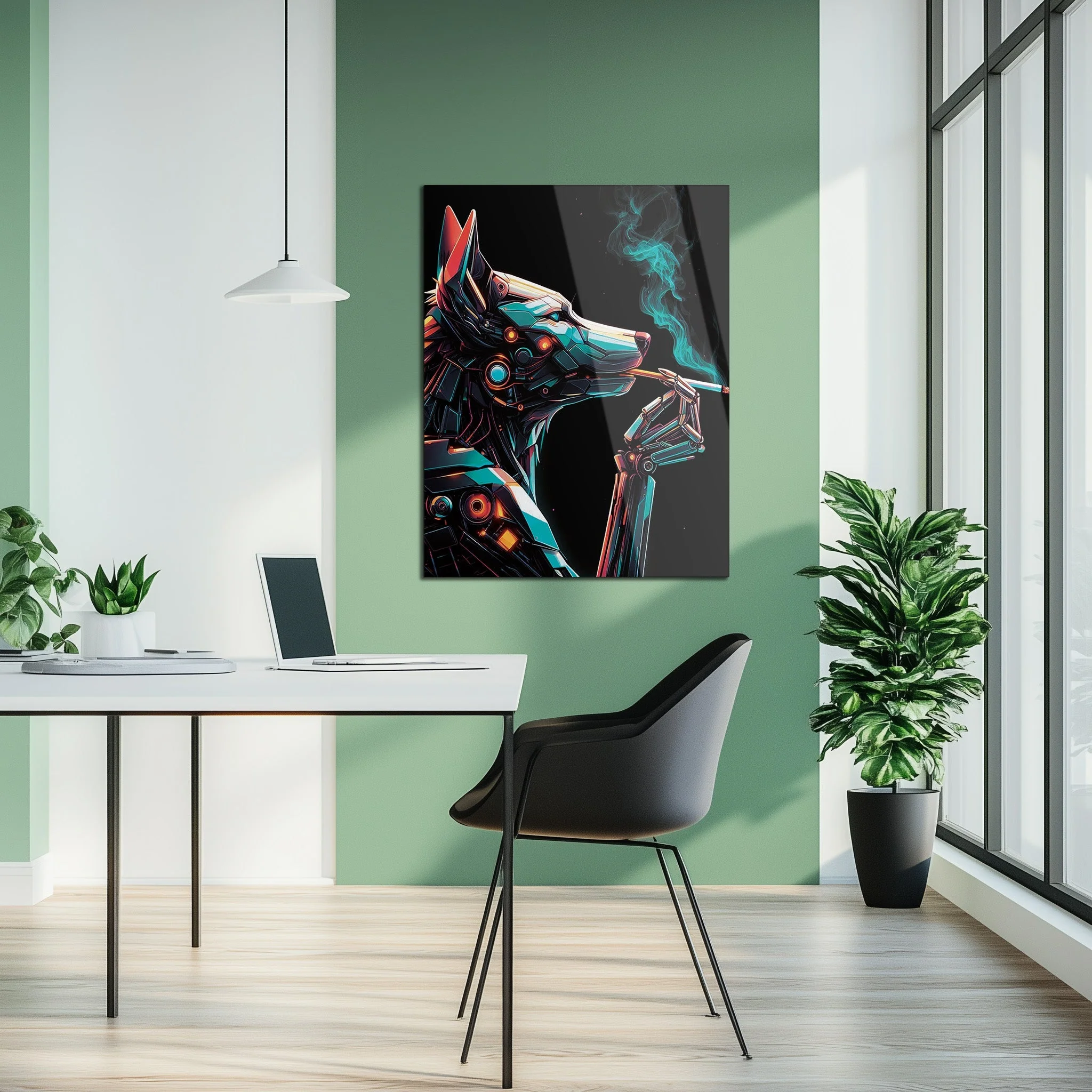Cybernetic Canine Smoking Portrait โ Futuristic Neon Dog UV Glass Wall Art-KAFCD078