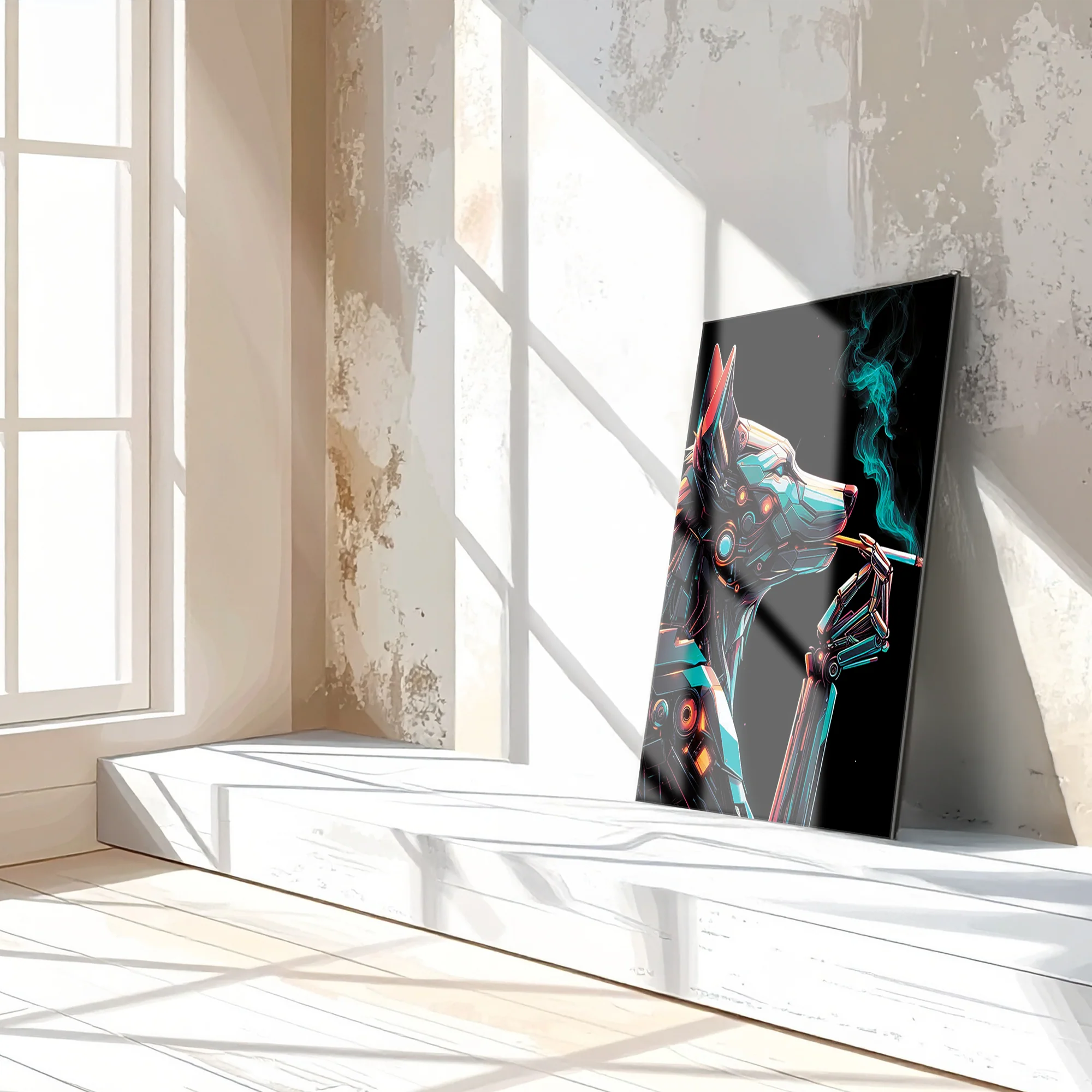 Cybernetic Canine Smoking Portrait โ Futuristic Neon Dog UV Glass Wall Art-KAFCD078 - Image 2