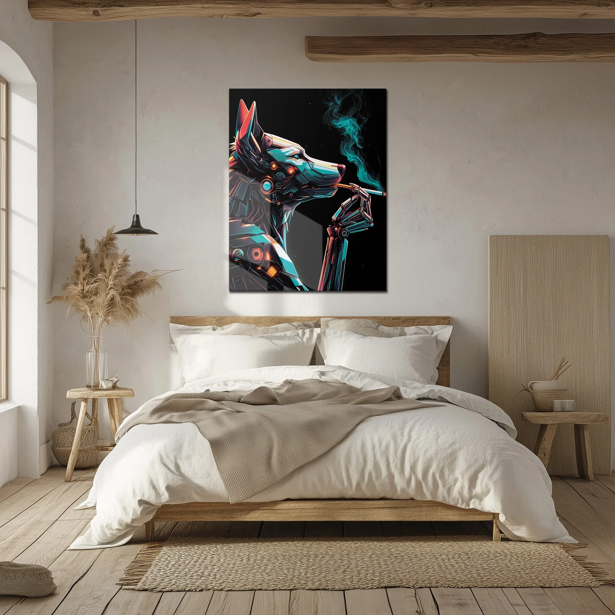 Cybernetic Canine Smoking Portrait โ Futuristic Neon Dog UV Glass Wall Art-KAFCD078 - Image 4