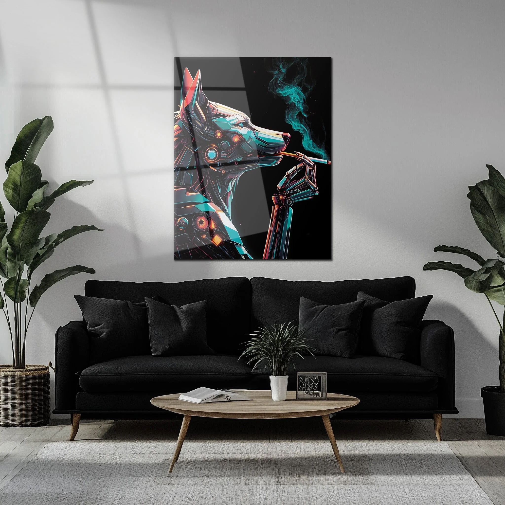 Cybernetic Canine Smoking Portrait โ Futuristic Neon Dog UV Glass Wall Art-KAFCD078 - Image 5