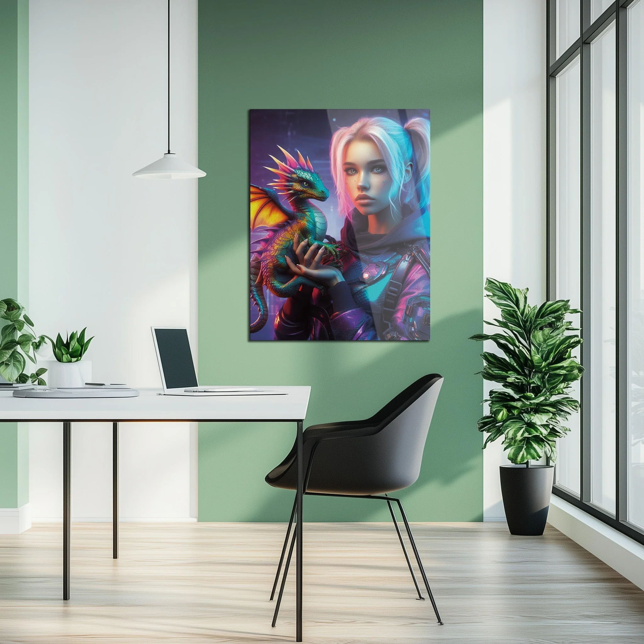 Cyberpunk Girl and Dragon Glass Wall Art โ Neon Fantasy Sci-Fi Character Design-KAFCD008