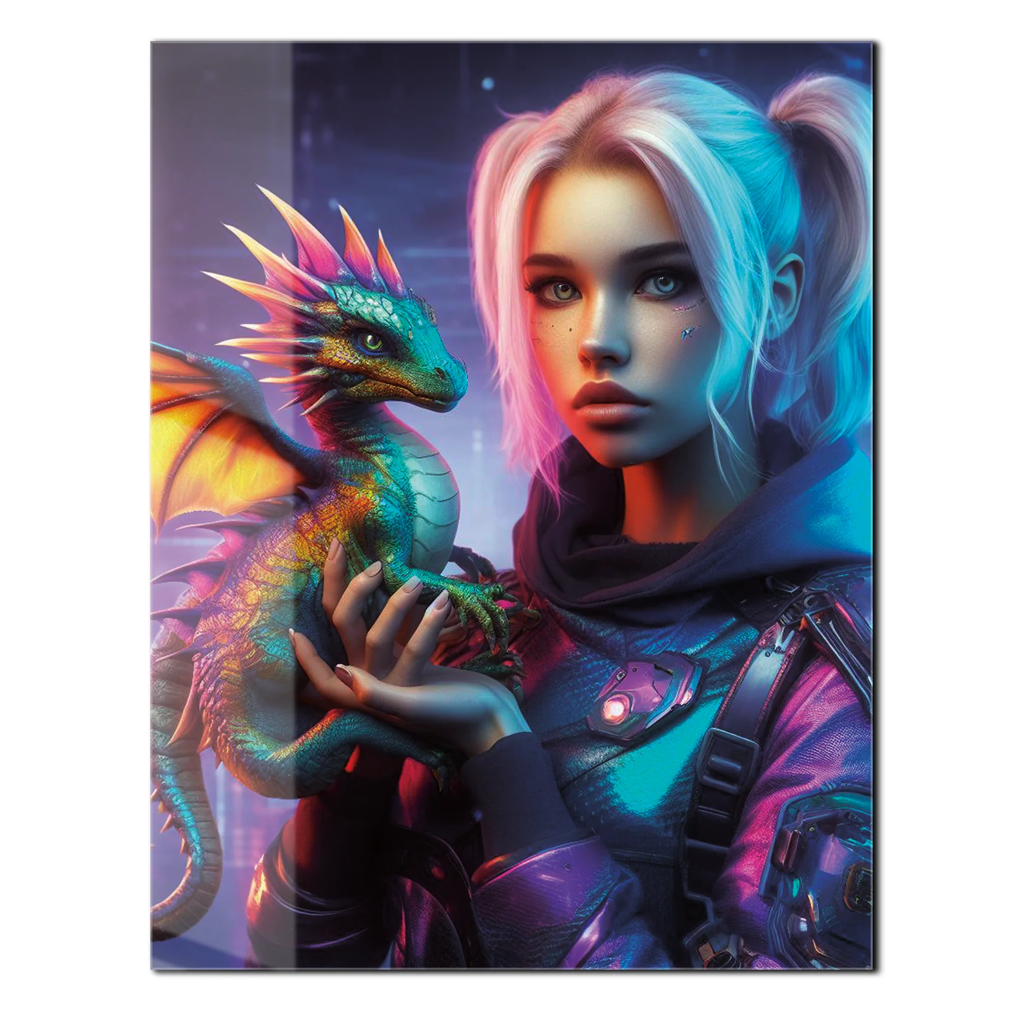 Cyberpunk Girl and Dragon Glass Wall Art โ Neon Fantasy Sci-Fi Character Design-KAFCD008 - Image 2