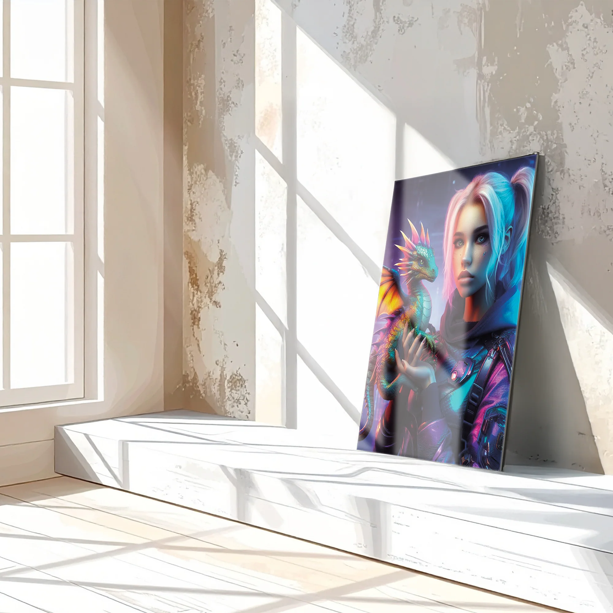 Cyberpunk Girl and Dragon Glass Wall Art โ Neon Fantasy Sci-Fi Character Design-KAFCD008 - Image 3