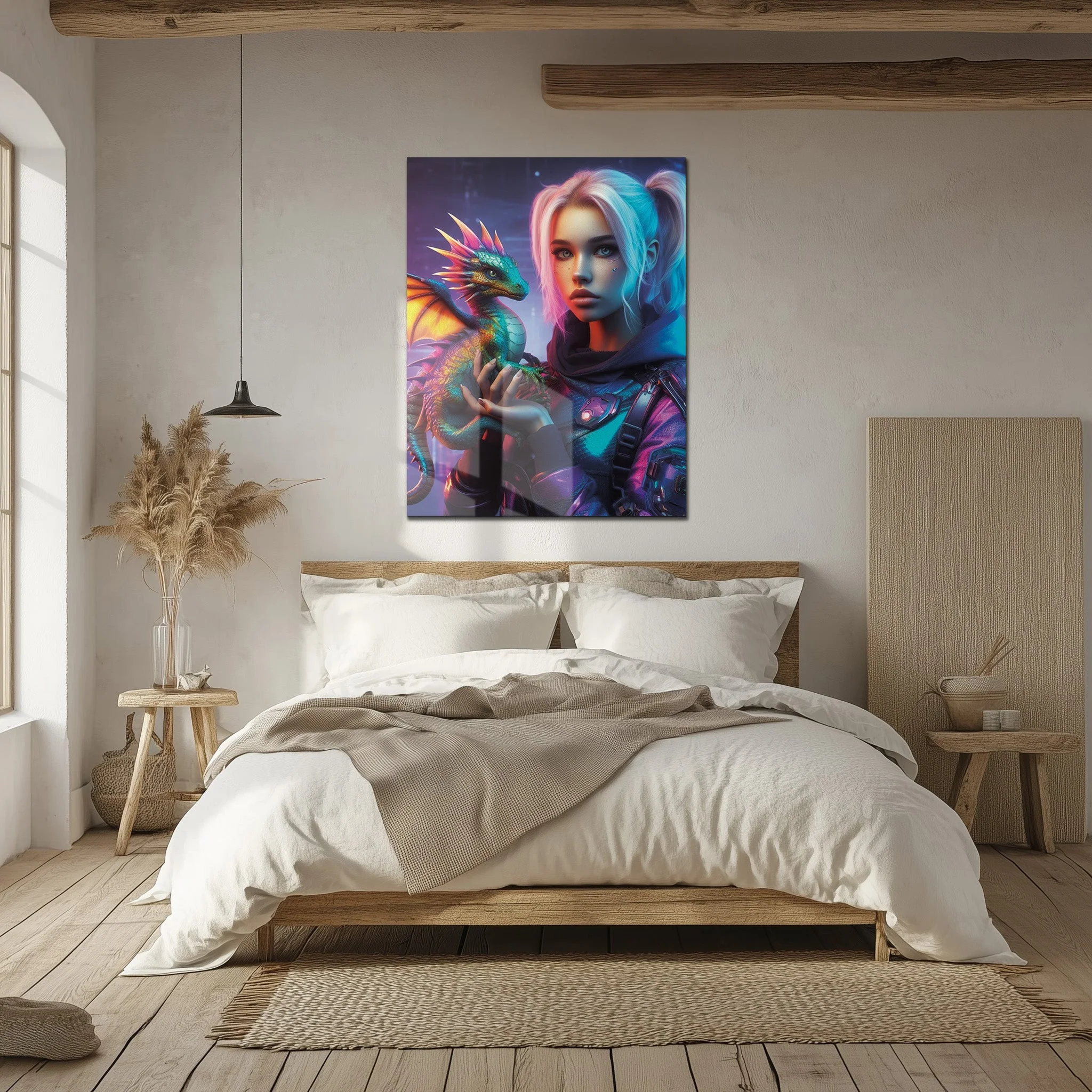 Cyberpunk Girl and Dragon Glass Wall Art โ Neon Fantasy Sci-Fi Character Design-KAFCD008 - Image 4