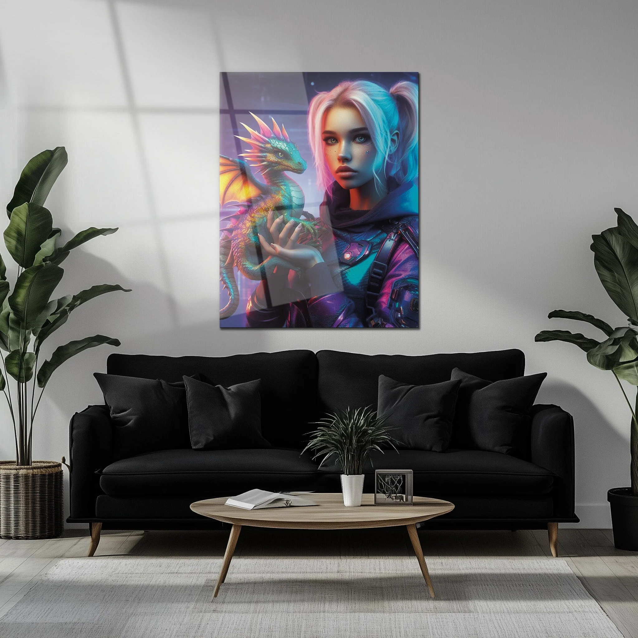 Cyberpunk Girl and Dragon Glass Wall Art โ Neon Fantasy Sci-Fi Character Design-KAFCD008 - Image 5