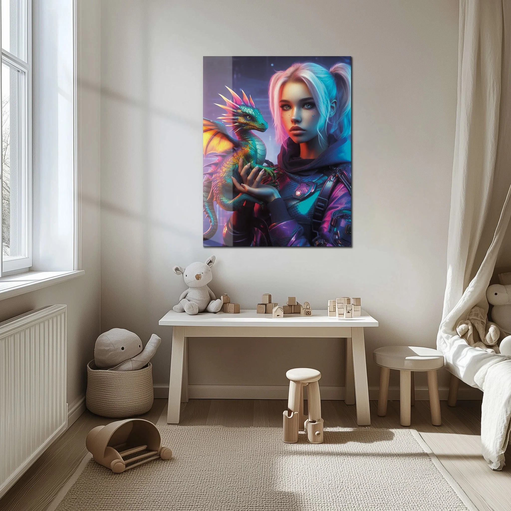 Cyberpunk Girl and Dragon Glass Wall Art โ Neon Fantasy Sci-Fi Character Design-KAFCD008 - Image 6