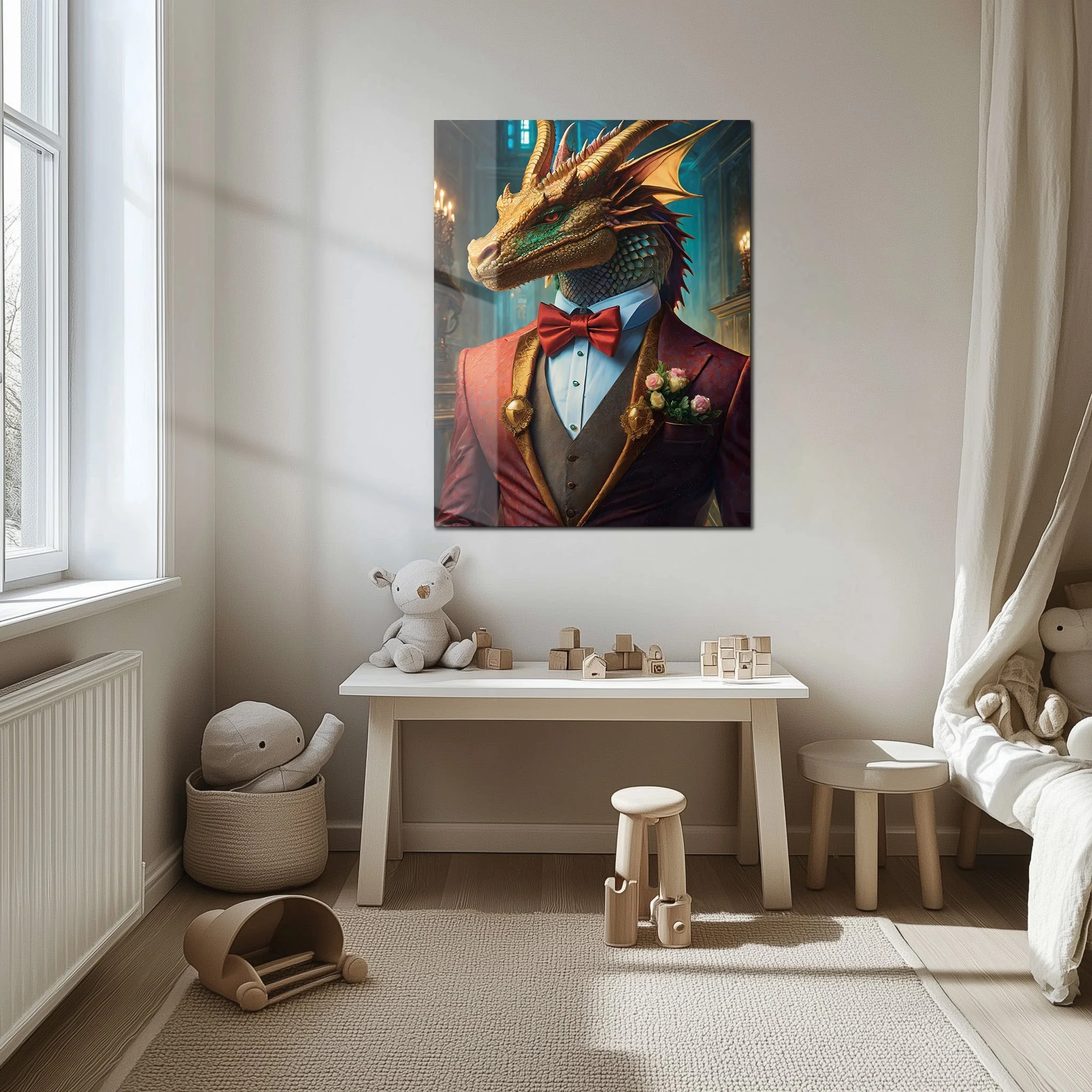 Dapper Dragon Gentleman Glass Wall Art – Fantasy Beast in Elegant Red Suit-KAFCD011
