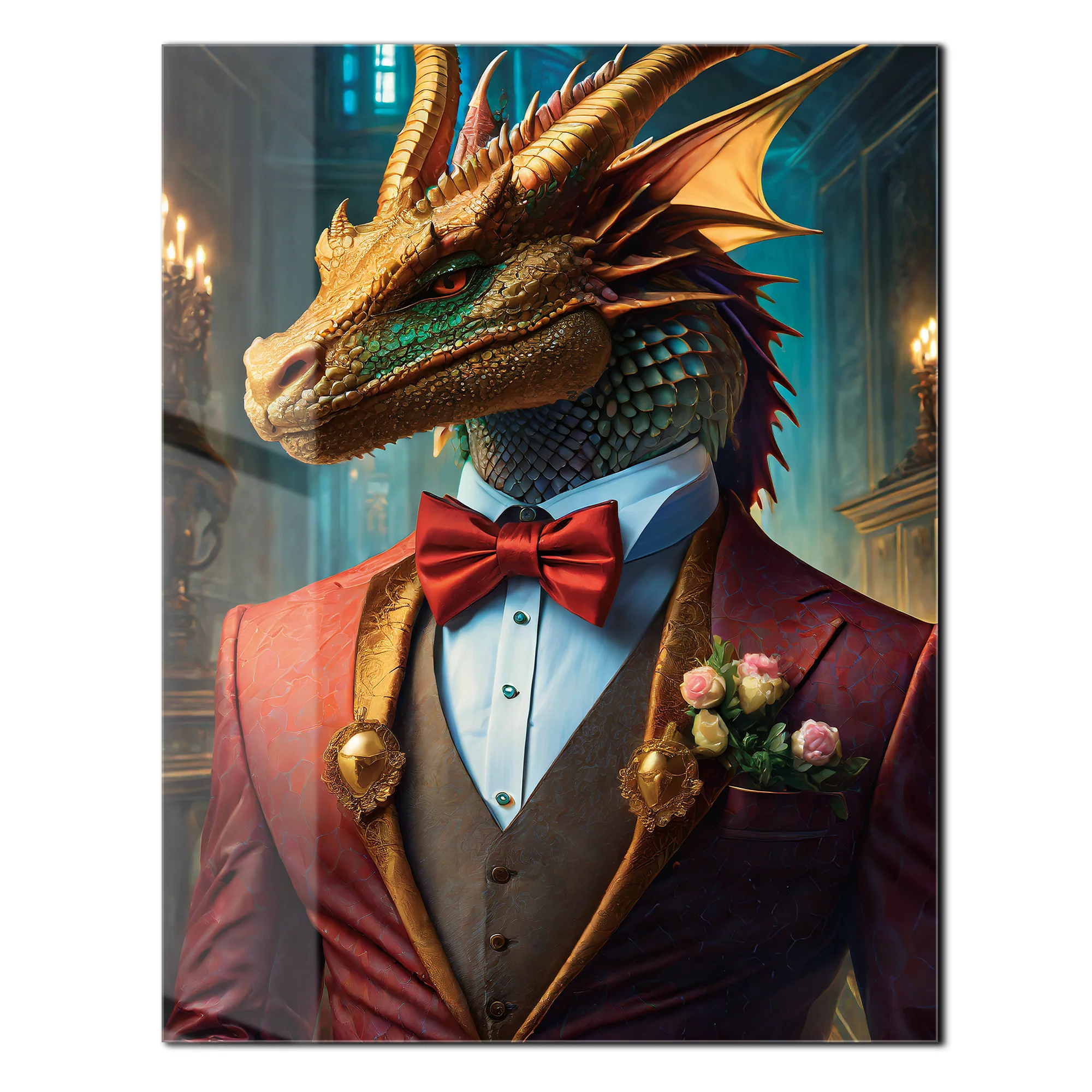 Dapper Dragon Gentleman Glass Wall Art – Fantasy Beast in Elegant Red Suit-KAFCD011 - Image 2