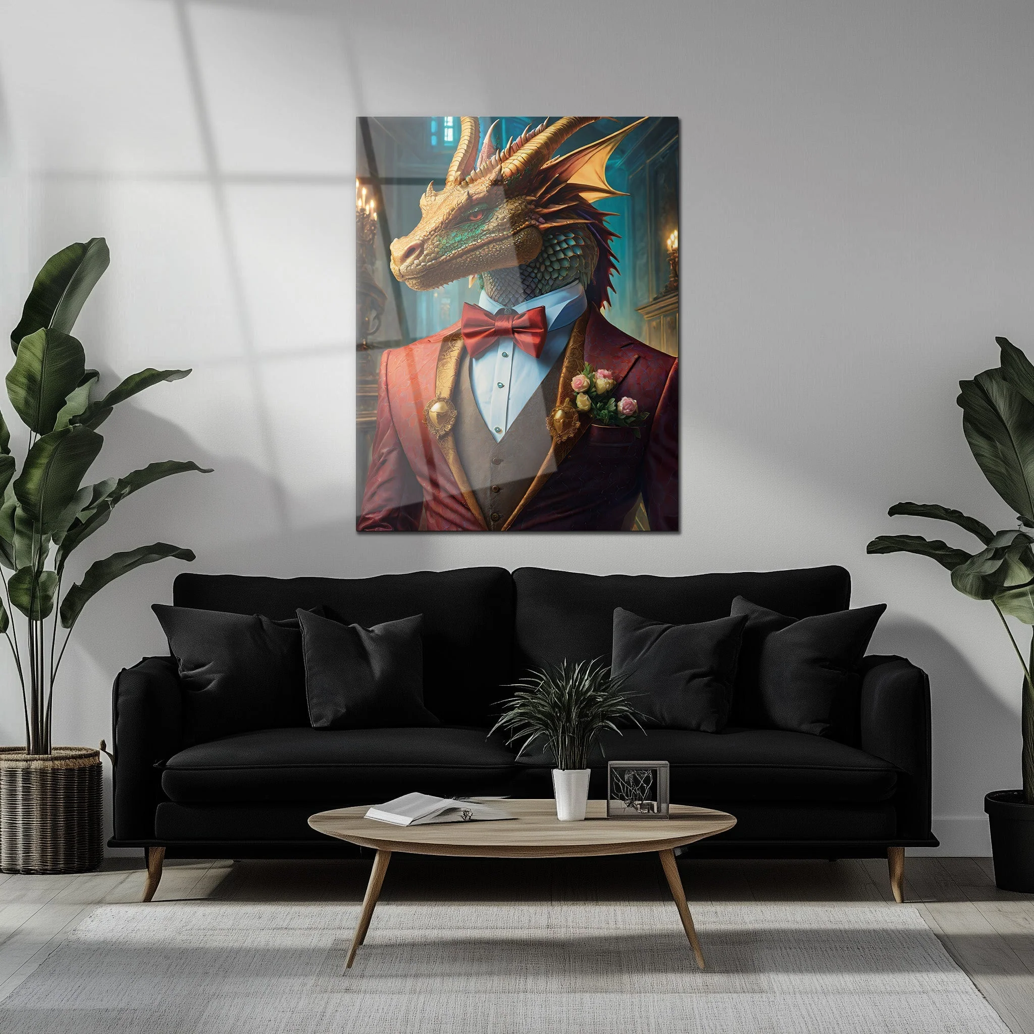 Dapper Dragon Gentleman Glass Wall Art – Fantasy Beast in Elegant Red Suit-KAFCD011 - Image 6