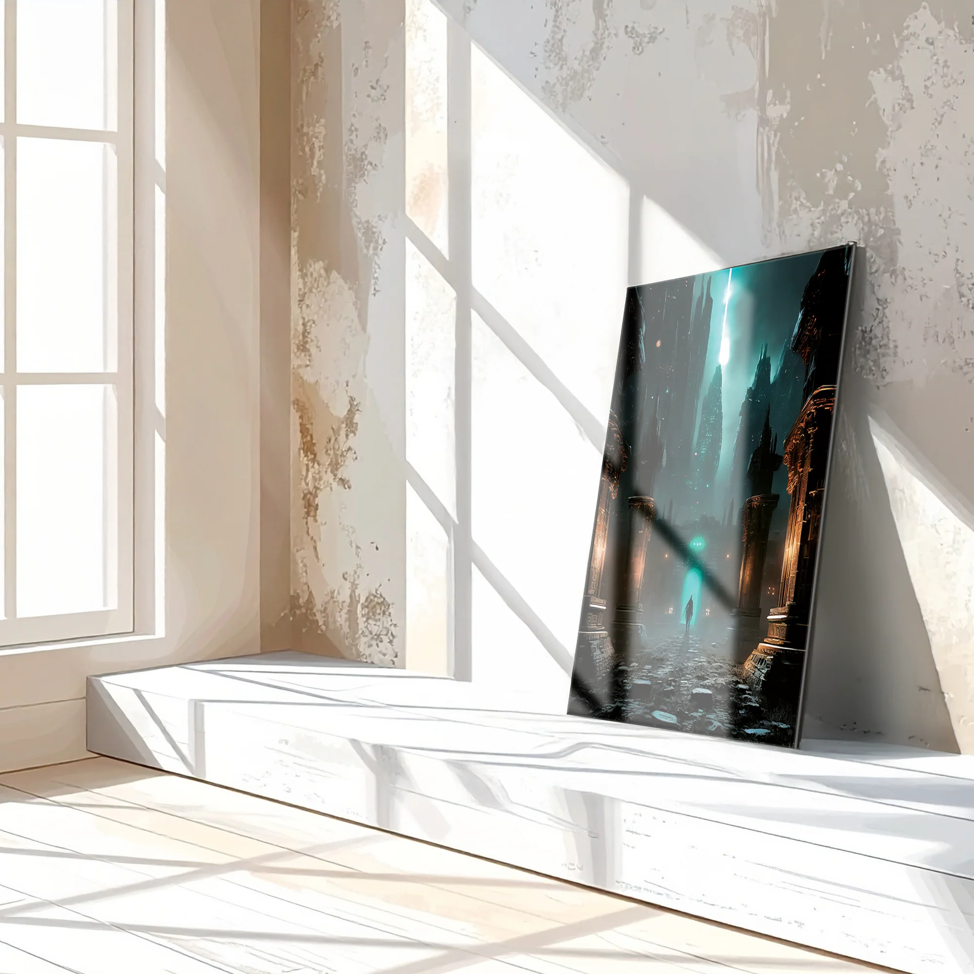 Dark Fantasy Fortress UV Glass Wall Art – Mysterious Warrior in Ancient Alien Ruins-KAFCD070 - Image 2