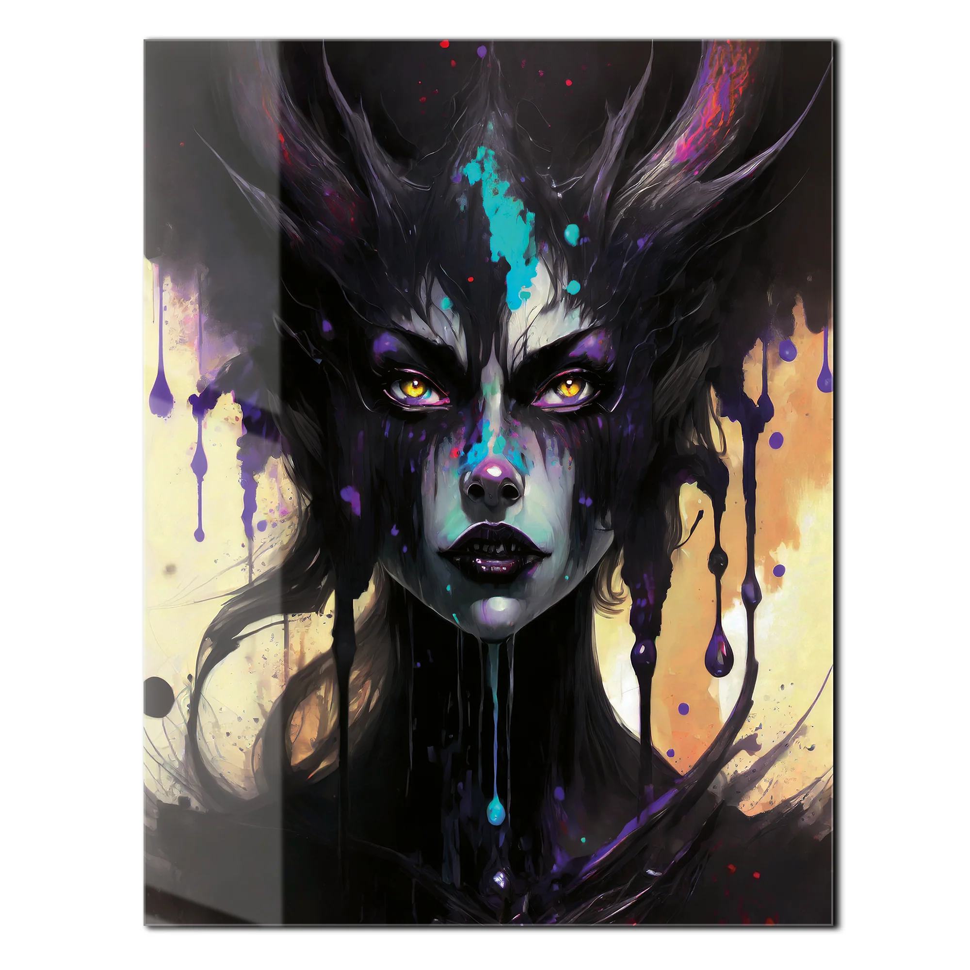 Dripping Shadow Queen Glass Wall Art – Gothic Fantasy Portrait with Abstract Paint-KAFCD013 - Image 2