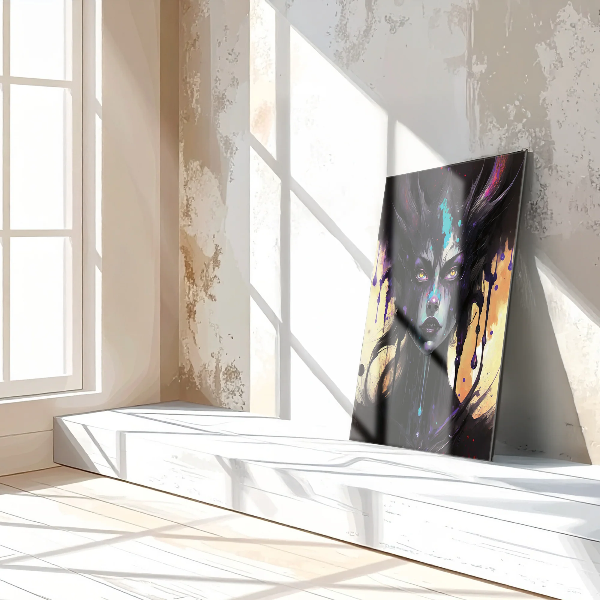 Dripping Shadow Queen Glass Wall Art – Gothic Fantasy Portrait with Abstract Paint-KAFCD013 - Image 3