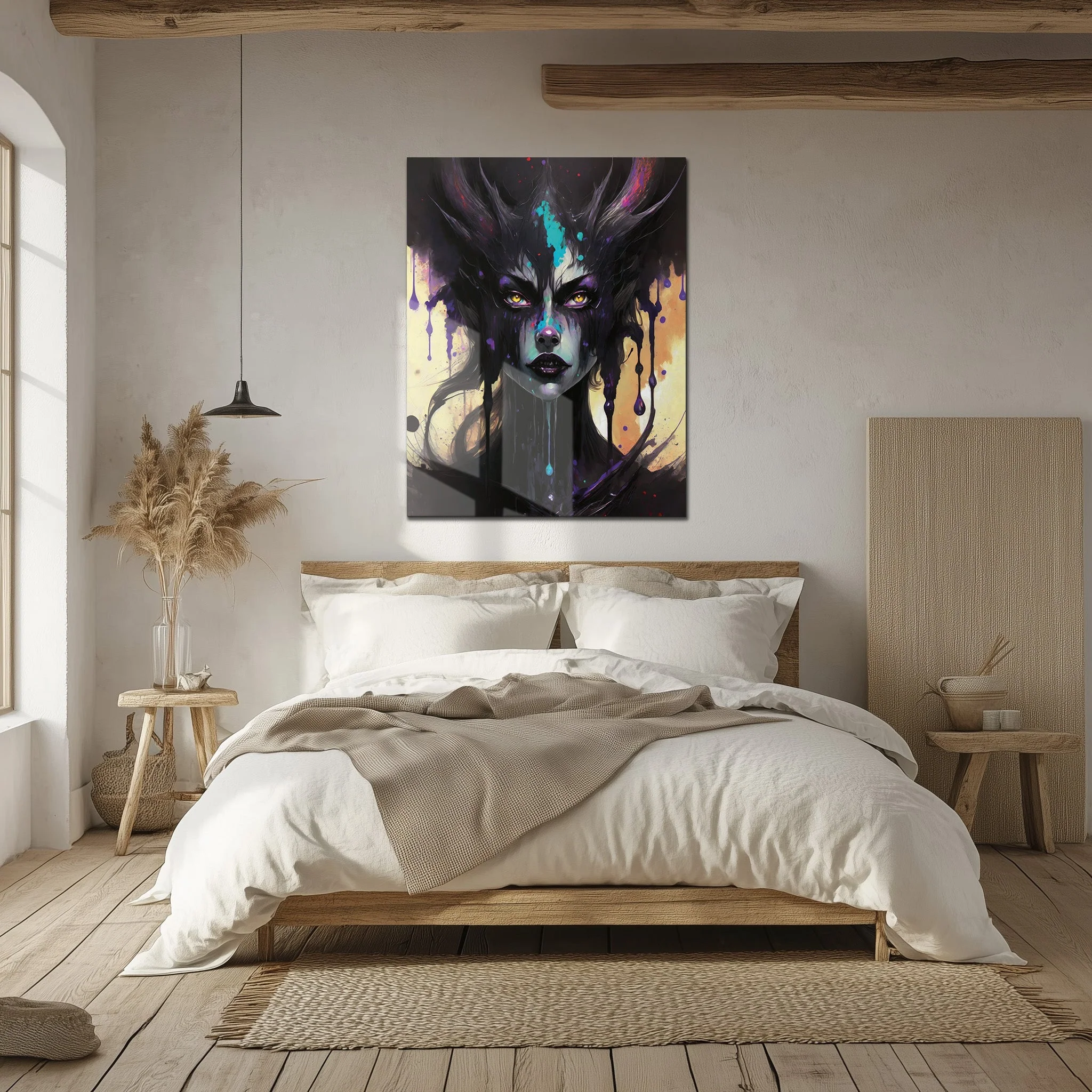 Dripping Shadow Queen Glass Wall Art – Gothic Fantasy Portrait with Abstract Paint-KAFCD013 - Image 4