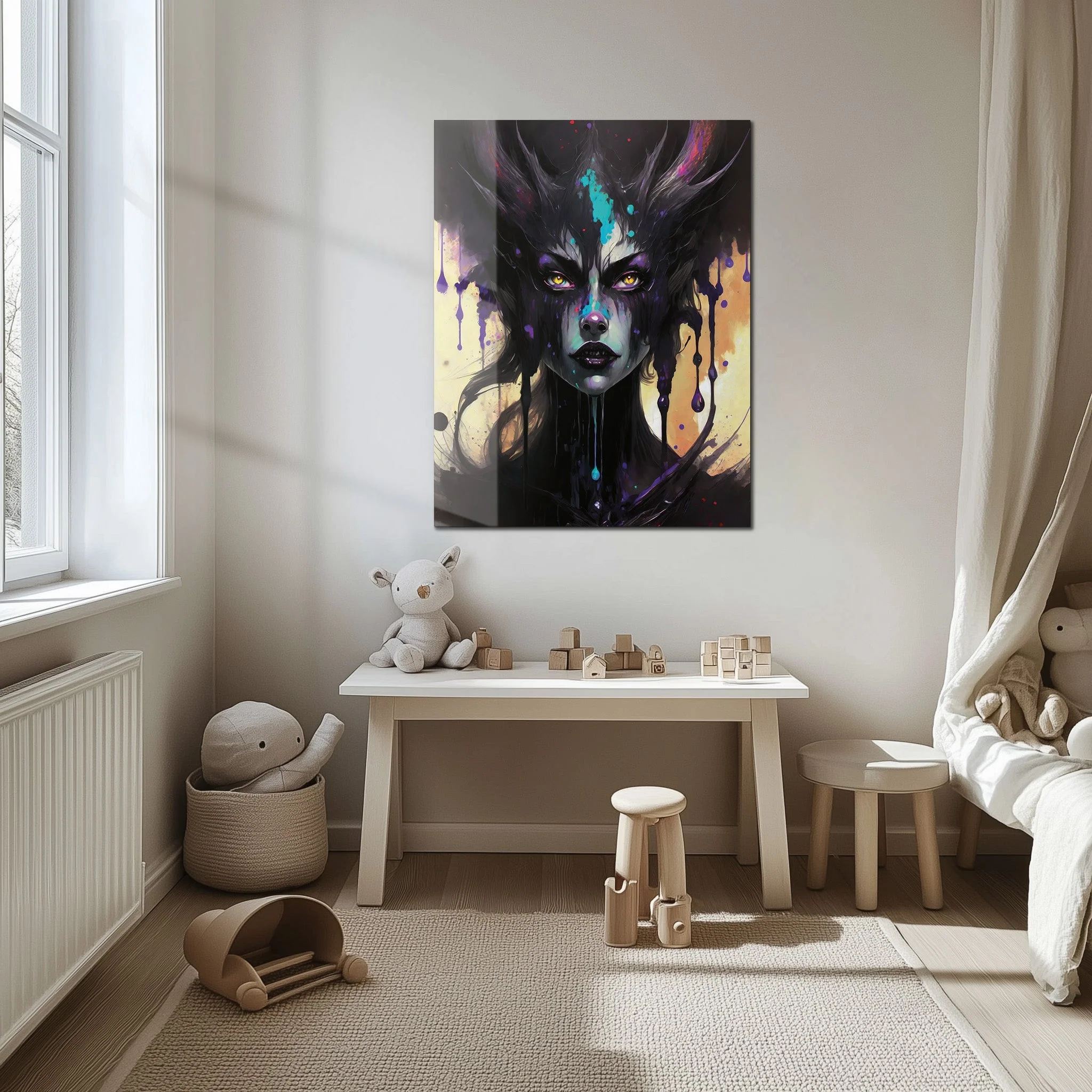 Dripping Shadow Queen Glass Wall Art – Gothic Fantasy Portrait with Abstract Paint-KAFCD013 - Image 5