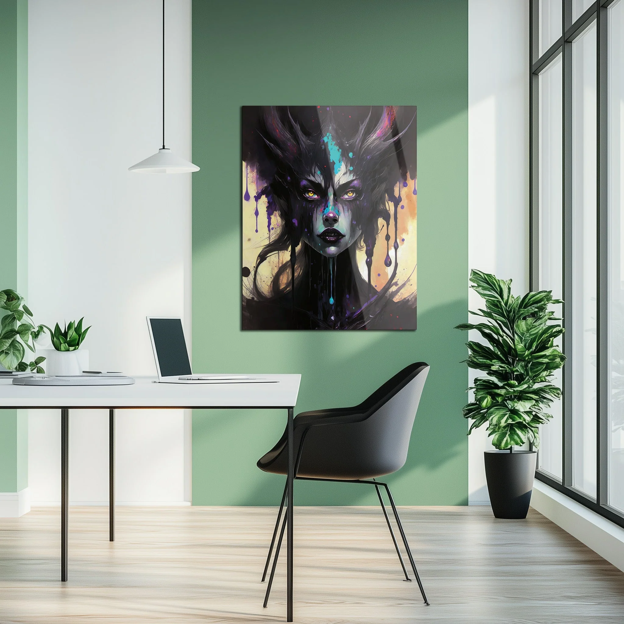 Dripping Shadow Queen Glass Wall Art – Gothic Fantasy Portrait with Abstract Paint-KAFCD013 - Image 6