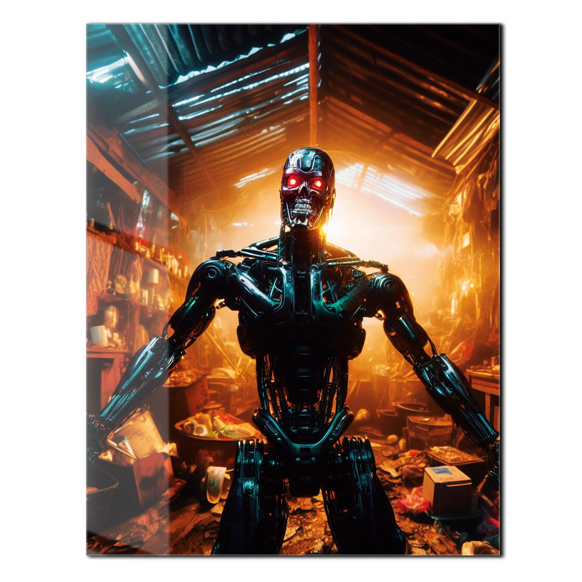 Dystopian Cyborg Encounter – UV Printed Sci-Fi Glass Wall Art for Futuristic Decor - KAFCD108 - Image 2