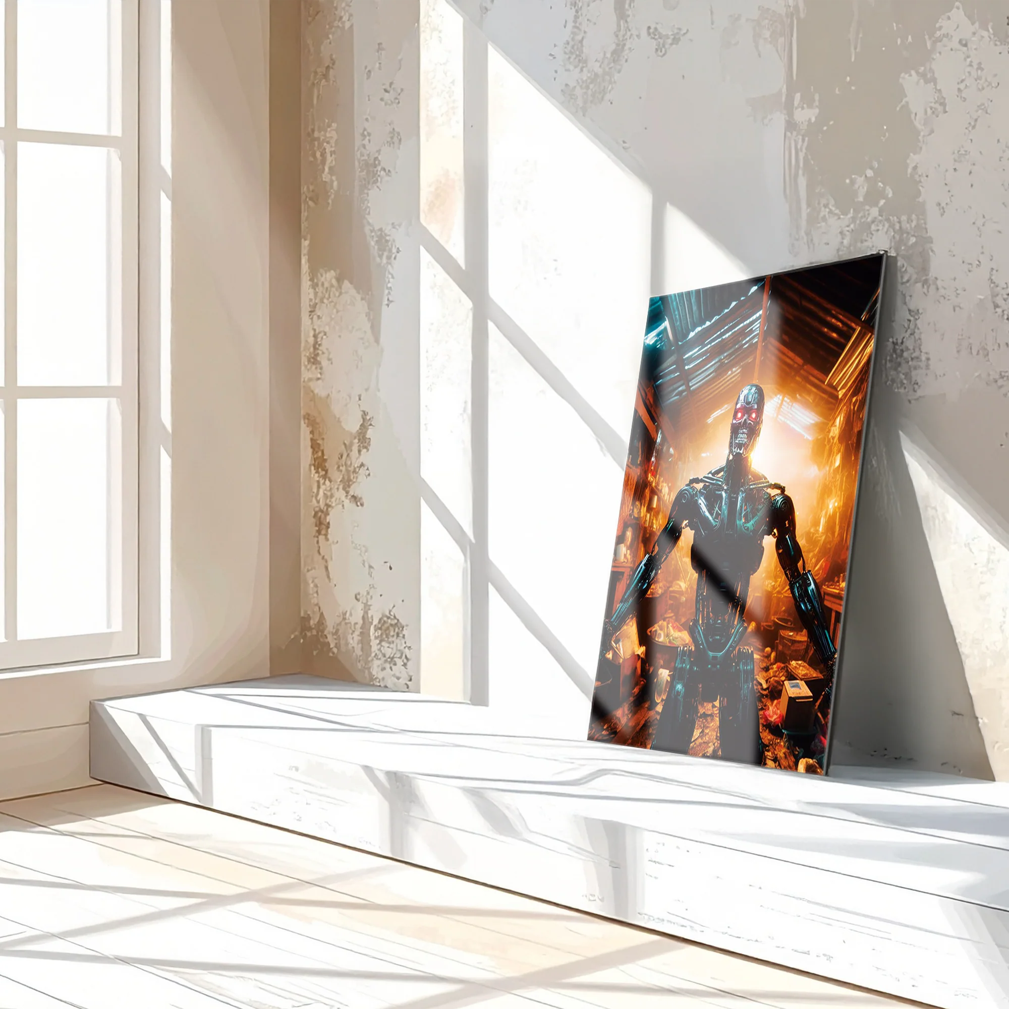Dystopian Cyborg Encounter – UV Printed Sci-Fi Glass Wall Art for Futuristic Decor - KAFCD108 - Image 3