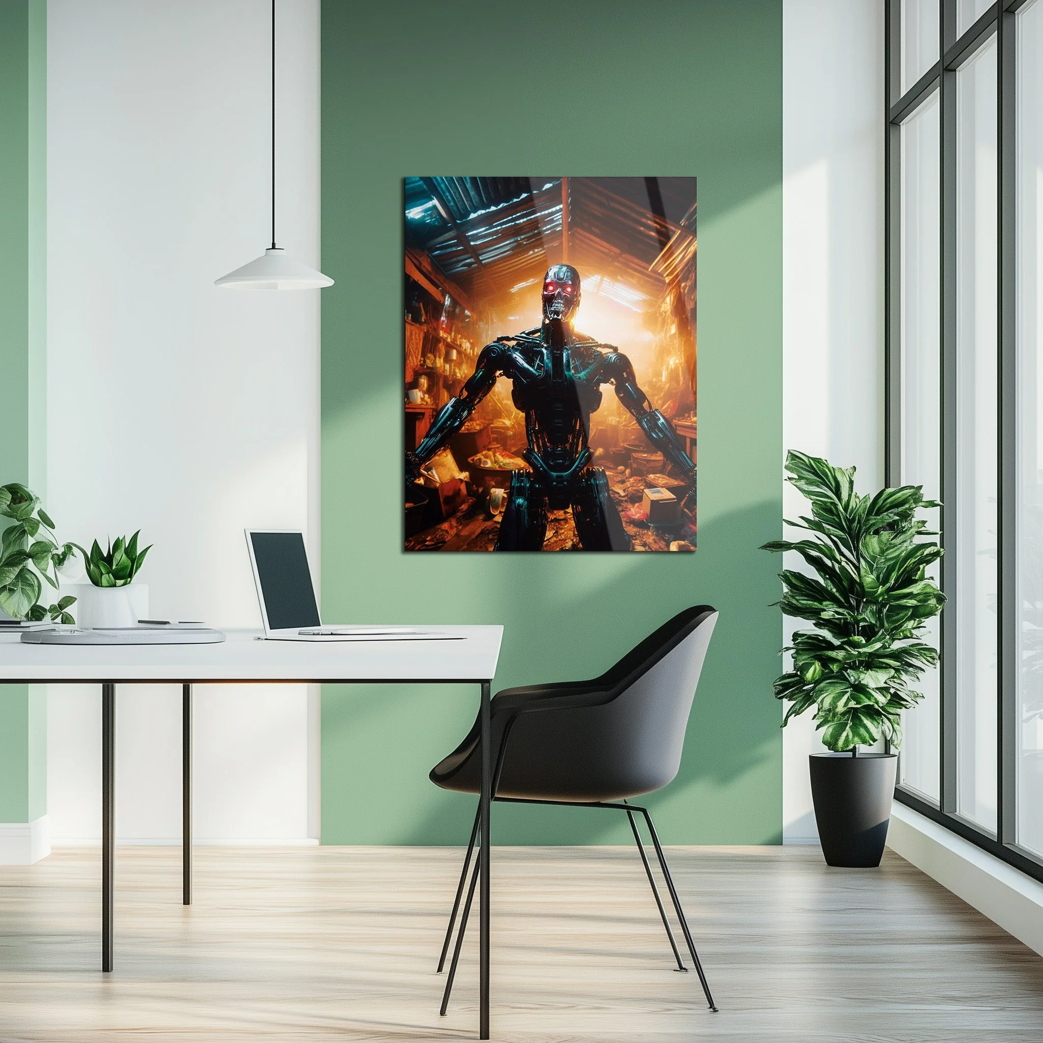 Dystopian Cyborg Encounter – UV Printed Sci-Fi Glass Wall Art for Futuristic Decor - KAFCD108 - Image 4