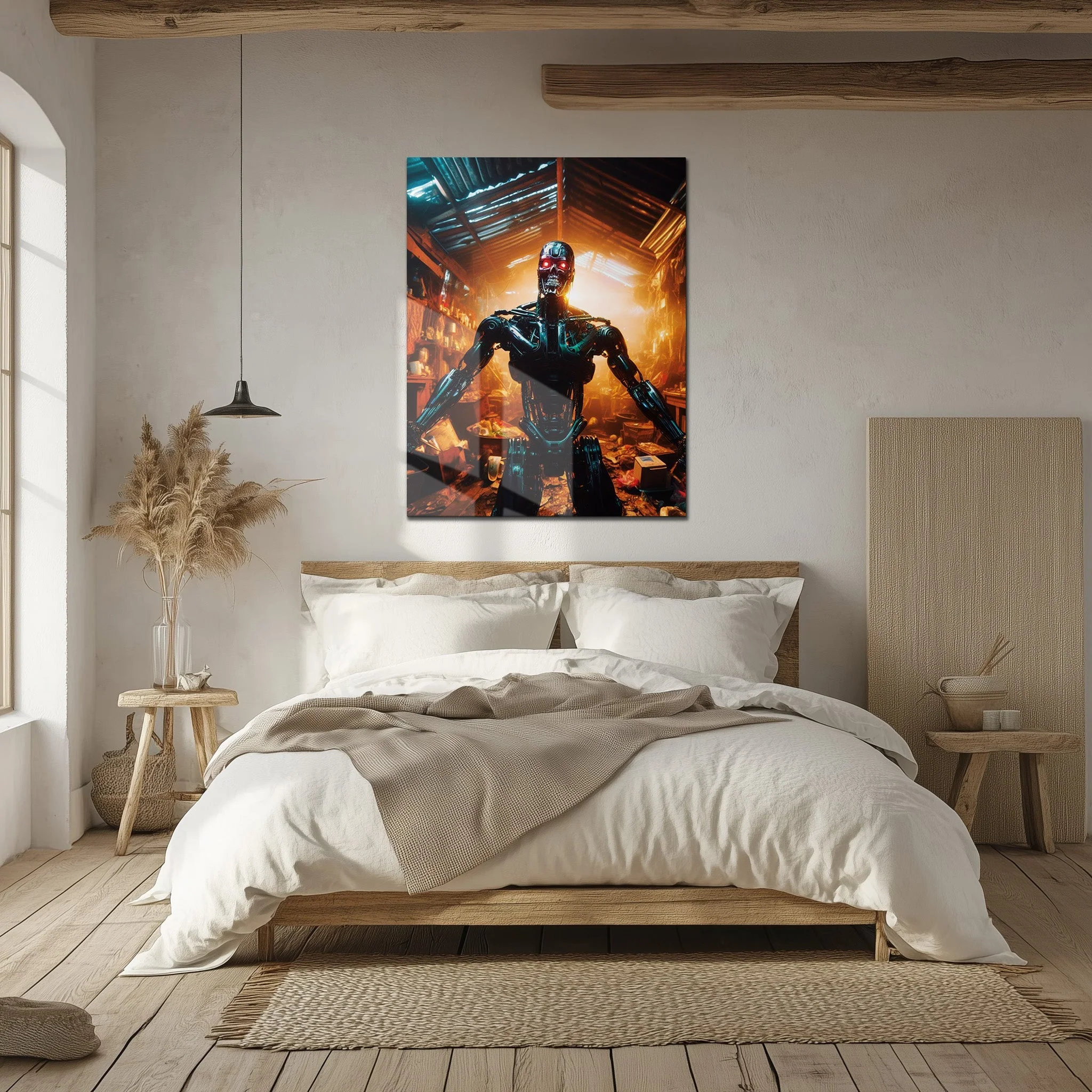 Dystopian Cyborg Encounter – UV Printed Sci-Fi Glass Wall Art for Futuristic Decor - KAFCD108 - Image 5
