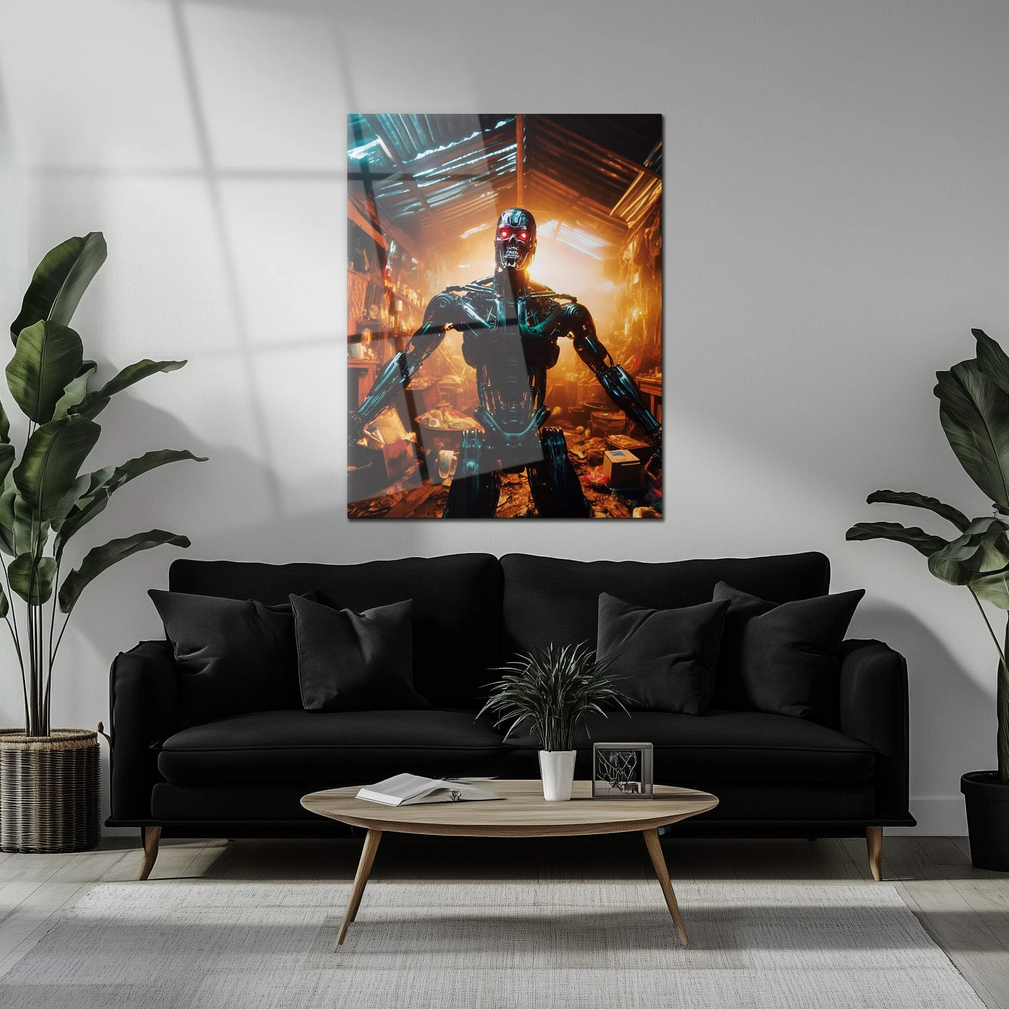 Dystopian Cyborg Encounter – UV Printed Sci-Fi Glass Wall Art for Futuristic Decor - KAFCD108 - Image 6