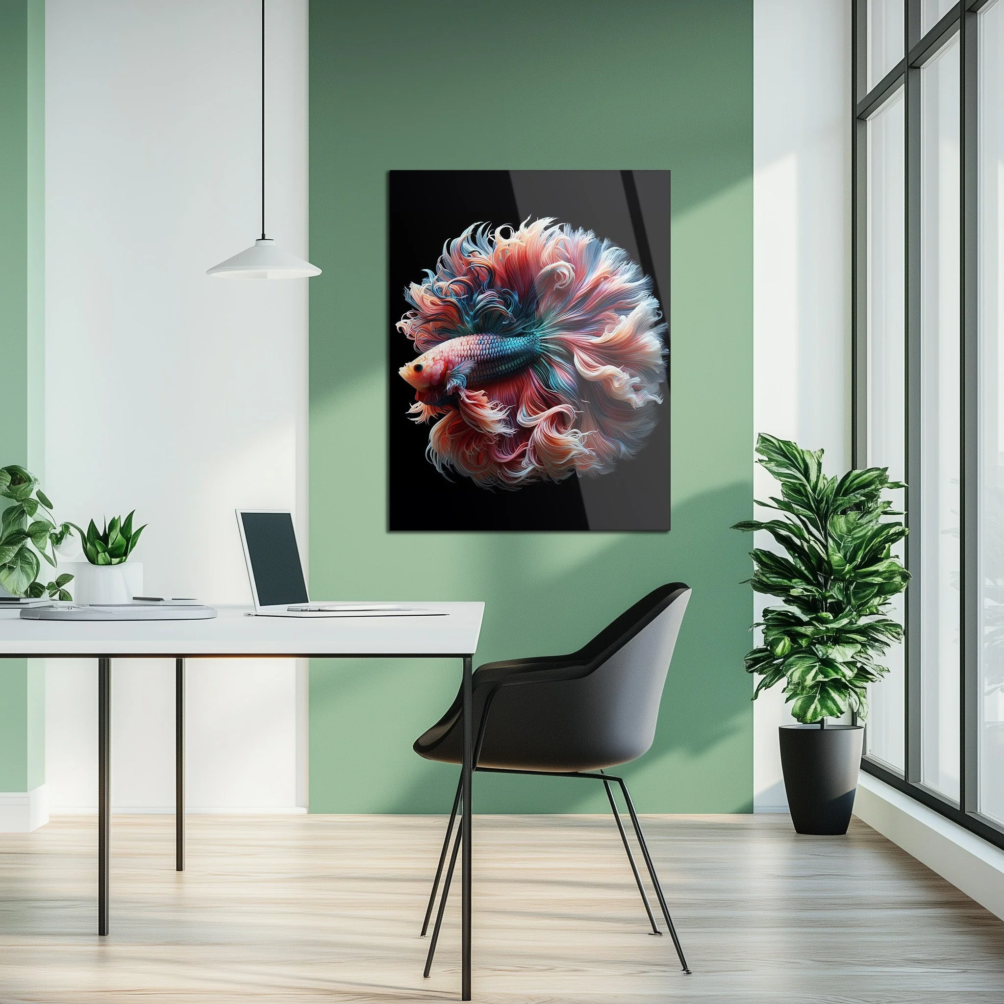 Elegant Betta Fish Flow โ Colorful UV Glass Wall Art with Fluid Fin Design-KAFCD080