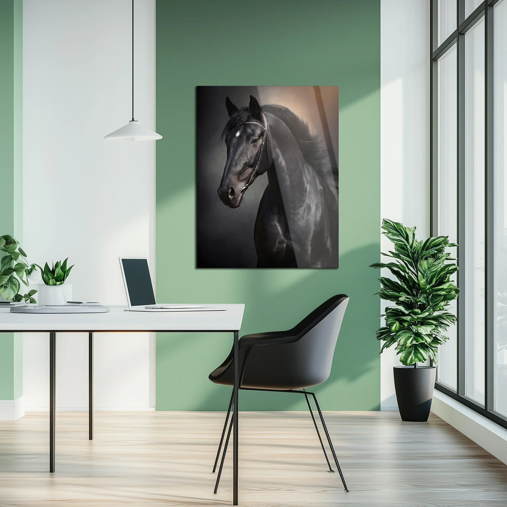 Elegant Black Horse Portrait UV Glass Wall Art โ Majestic Equestrian Design-KAFCD065