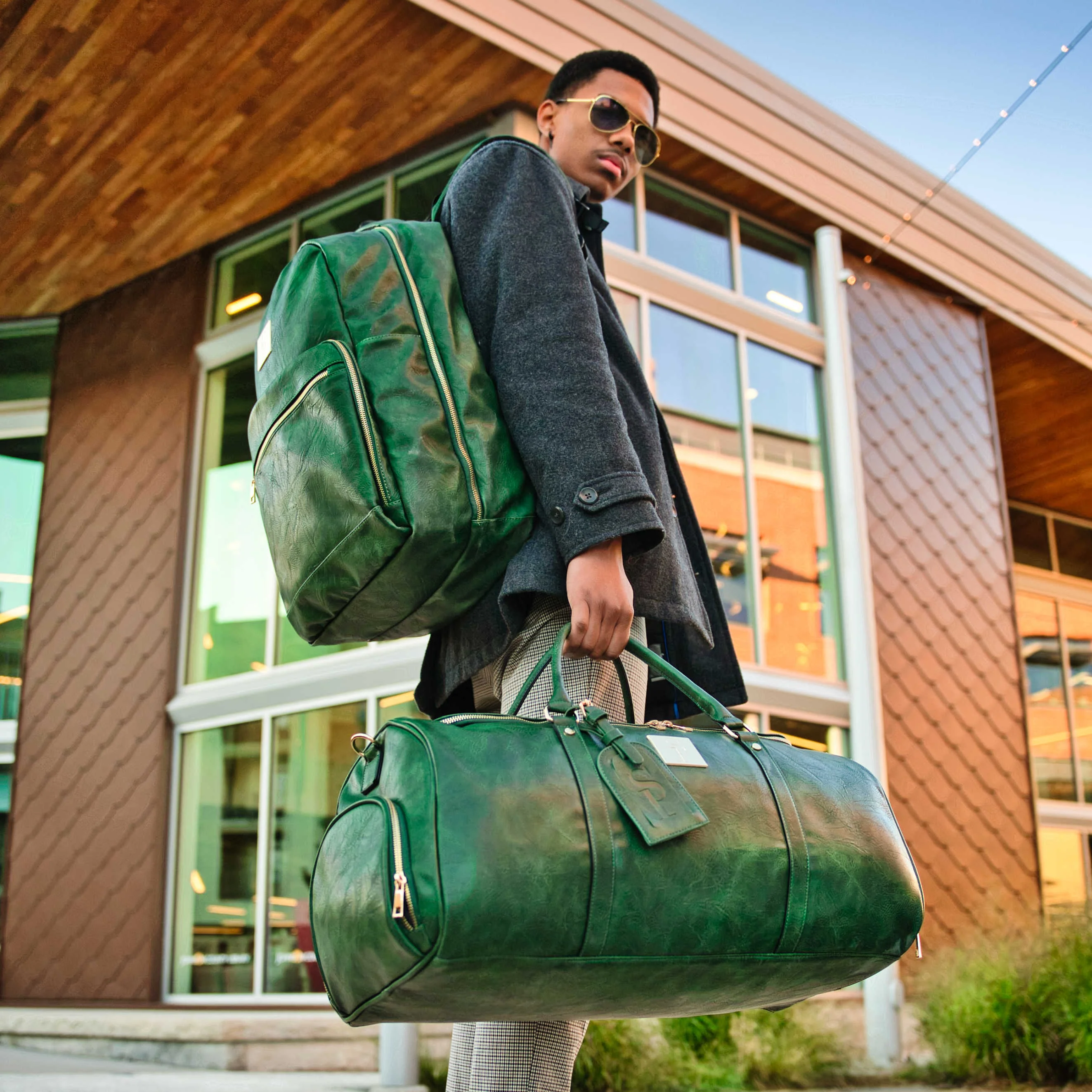 Emerald Green Leather 2 Bag Set (Commuter Backpack and Duffle) - Image 3