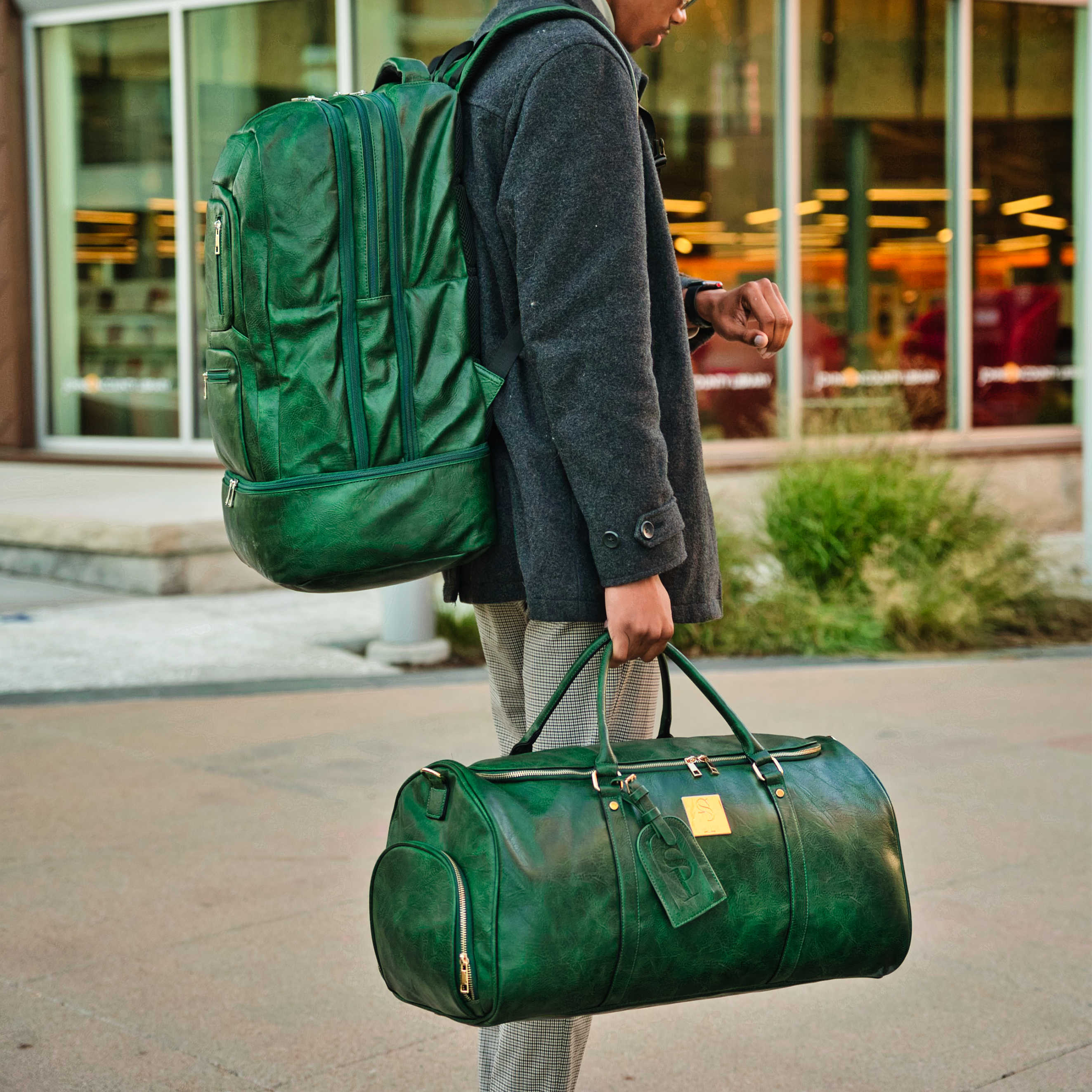 Emerald Green Leather Weekender Duffle Bag - Image 5
