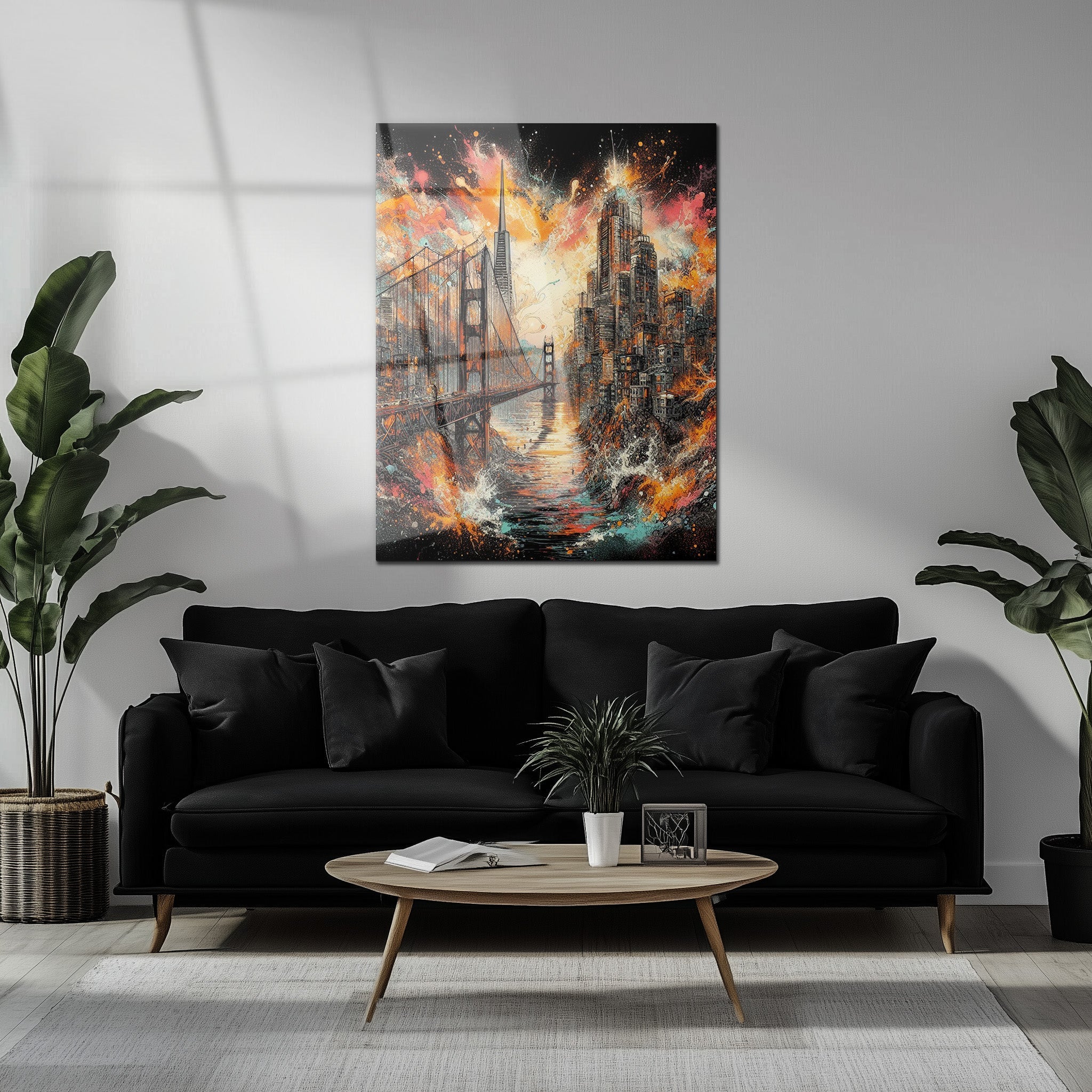Explosive Golden Gate Cityscape Glass Wall Art – UV Printed Urban Abstract Panel-KAFCD061 - Image 5