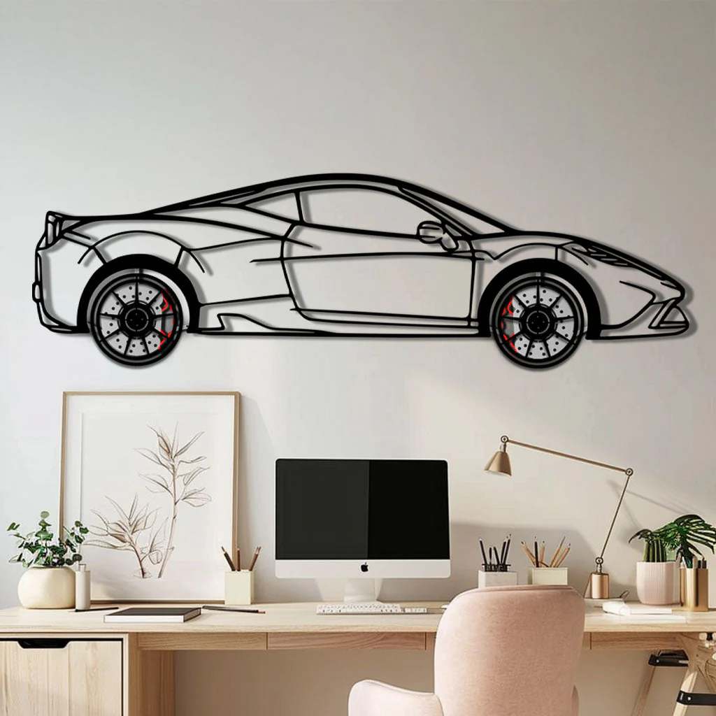 Ferrari 458 Speciale Metal Car Wall Art with Rotating Wheels - Track-Focused V8 Silhouette - Interactive Automotive Wall Decor - KAFMEKA125