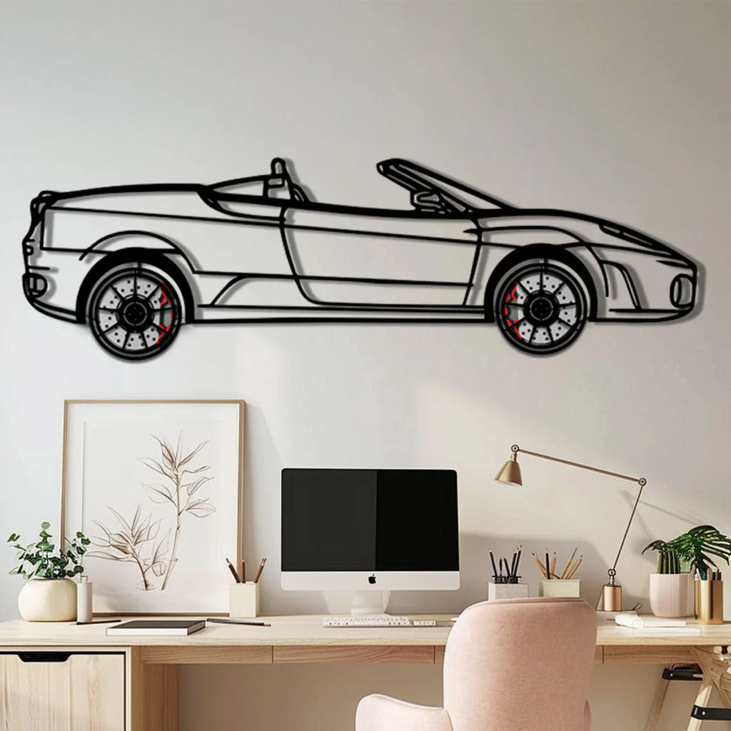 Ferrari F430 Spider Metal Car Wall Art with Rotating Wheels - Italian Convertible Supercar Silhouette - Interactive Automotive Wall Decor - KAFMEKA134