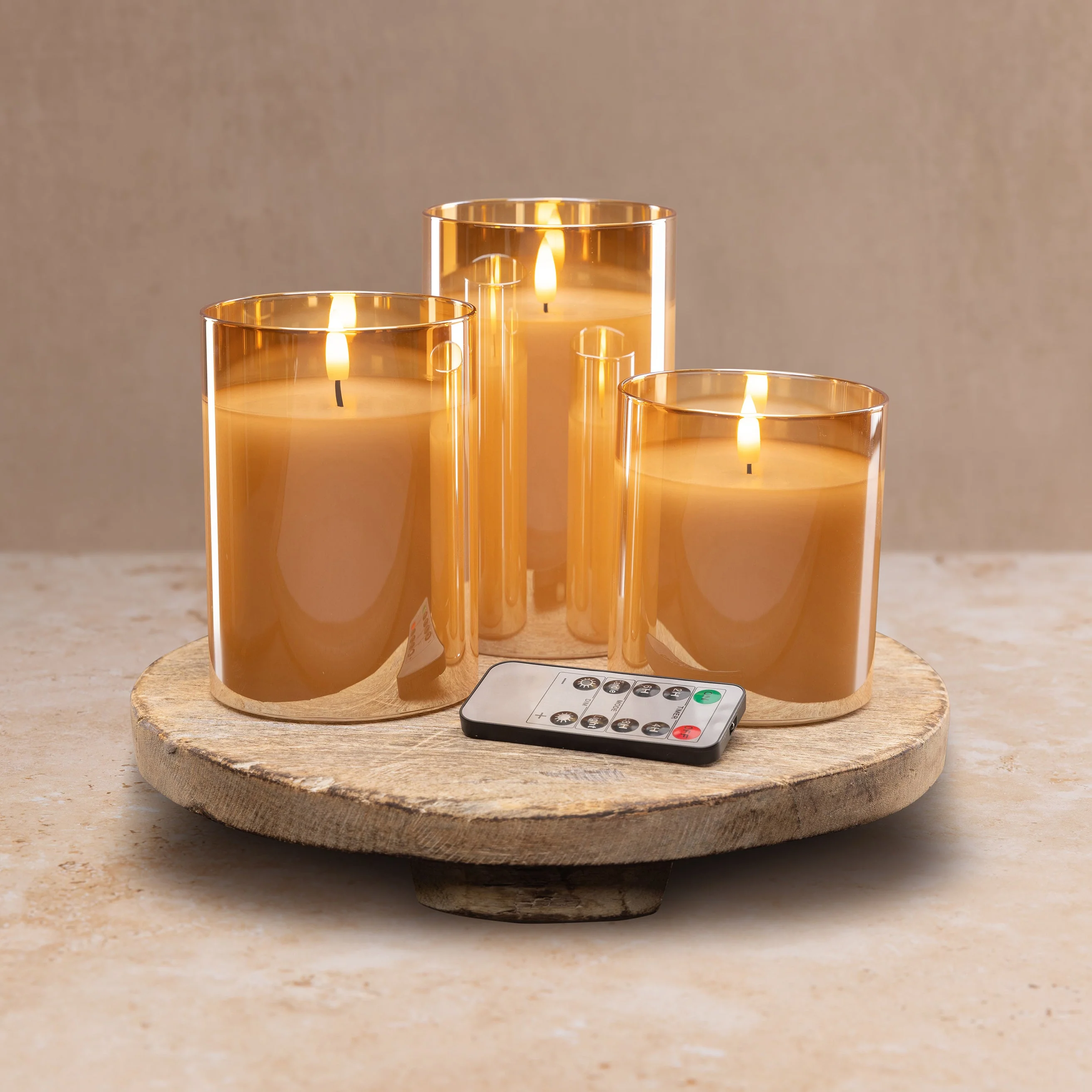 Flameless LED Hurricane Glass Candles - Amber - Set of 3 with Remote and Timer