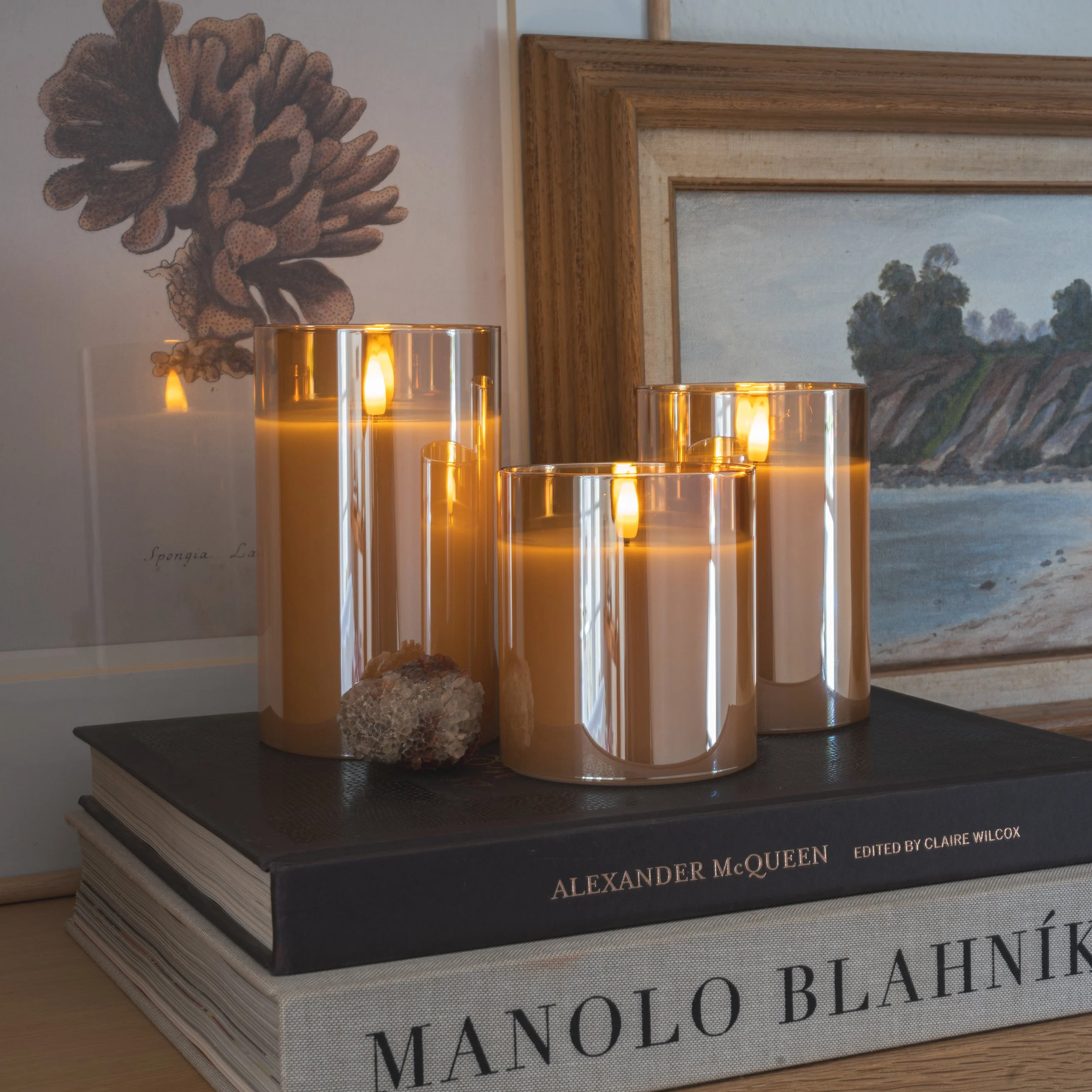 Flameless LED Hurricane Glass Candles - Amber - Set of 3 with Remote and Timer - Image 2