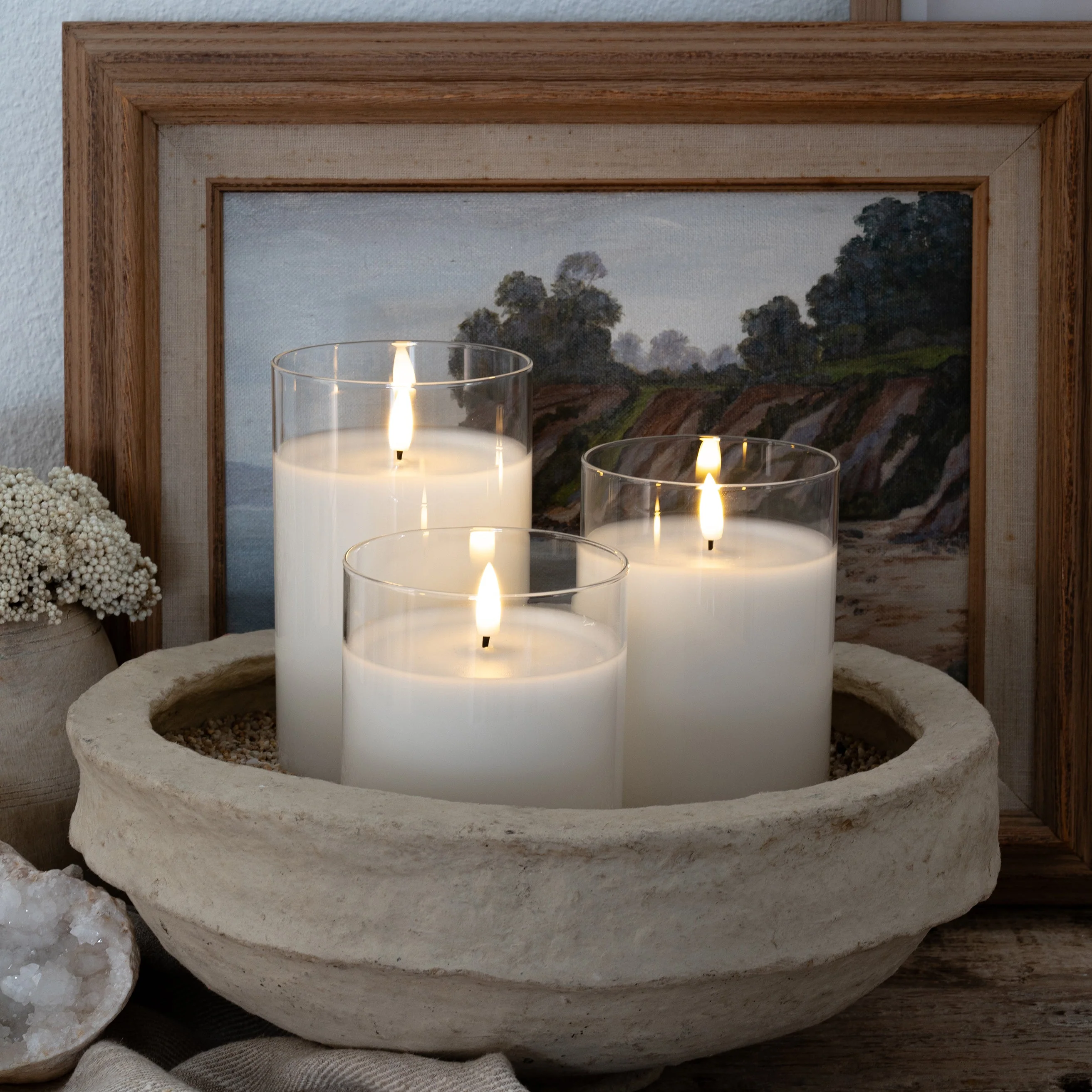 Flameless LED Hurricane Glass Candles - White  - Set of 3 with Remote and Timer - Image 3