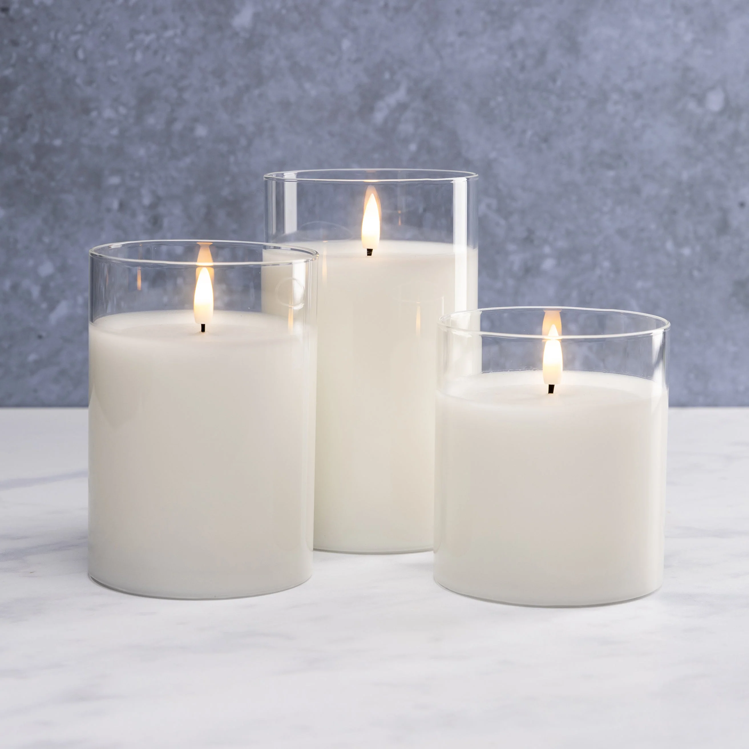 Flameless LED Hurricane Glass Candles - White  - Set of 3 with Remote and Timer - Image 6