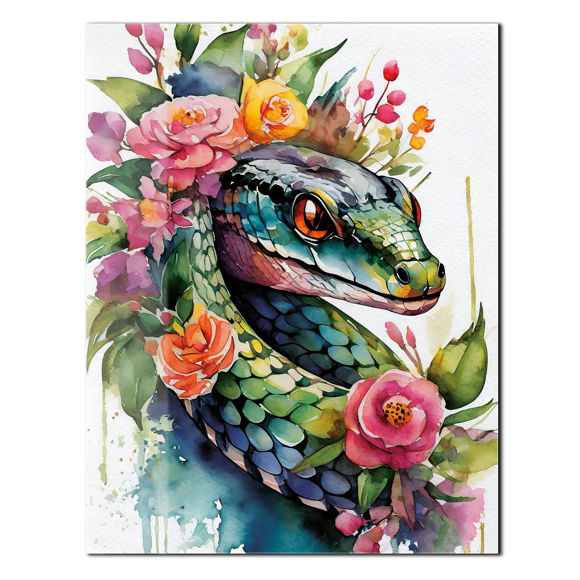 Floral Serpent Portrait – Watercolor Style UV Glass Wall Art with Botanical Snake Design - KAFCD109 - Image 2