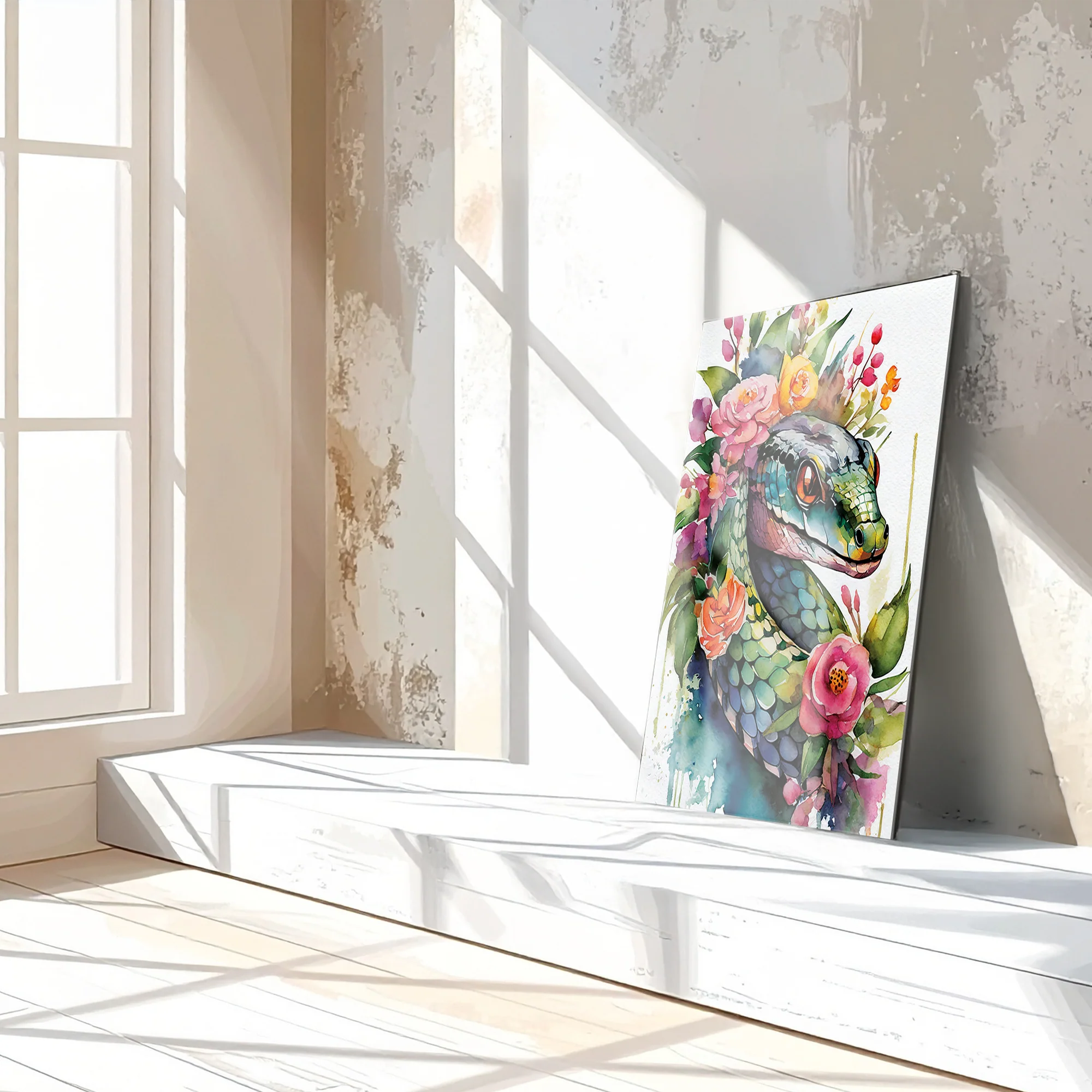 Floral Serpent Portrait – Watercolor Style UV Glass Wall Art with Botanical Snake Design - KAFCD109 - Image 3