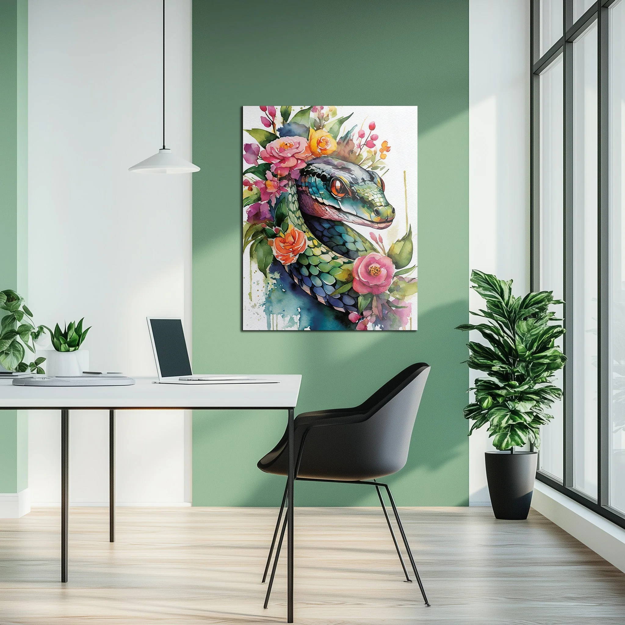 Floral Serpent Portrait – Watercolor Style UV Glass Wall Art with Botanical Snake Design - KAFCD109 - Image 4