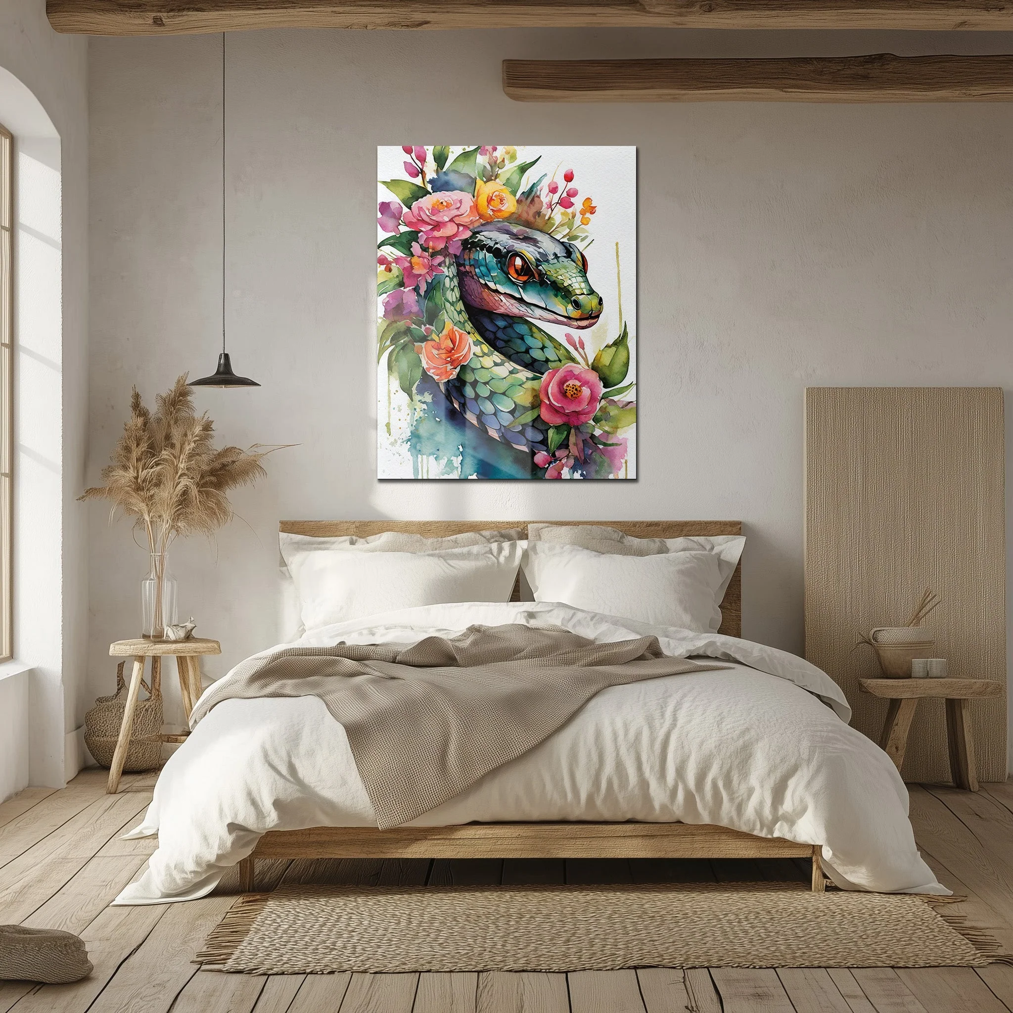 Floral Serpent Portrait – Watercolor Style UV Glass Wall Art with Botanical Snake Design - KAFCD109 - Image 5