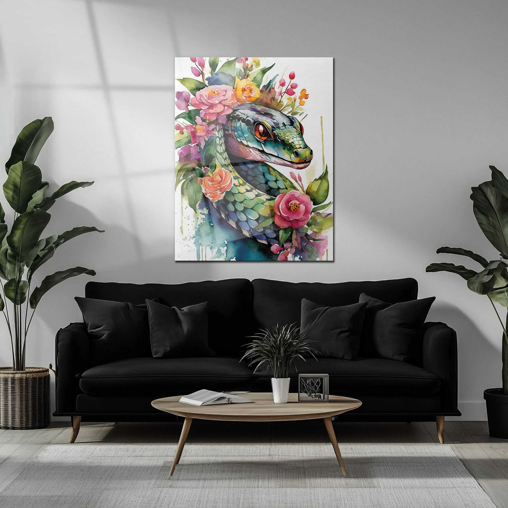 Floral Serpent Portrait – Watercolor Style UV Glass Wall Art with Botanical Snake Design - KAFCD109 - Image 6