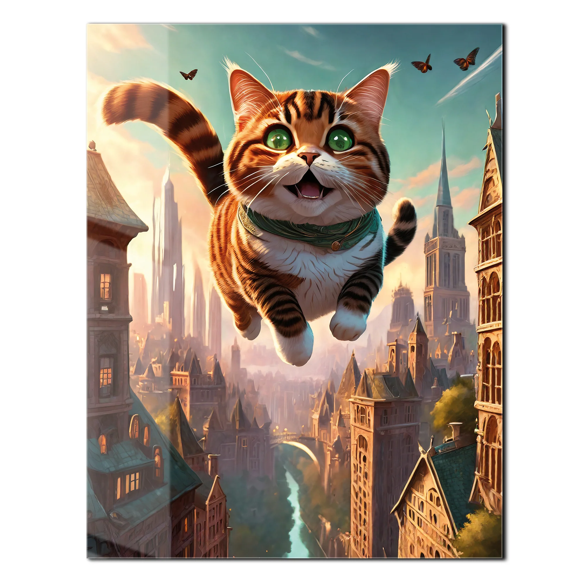 Flying Happy Cat Glass Wall Art – Fantasy City Adventure UV Print-KAFCD058 - Image 3