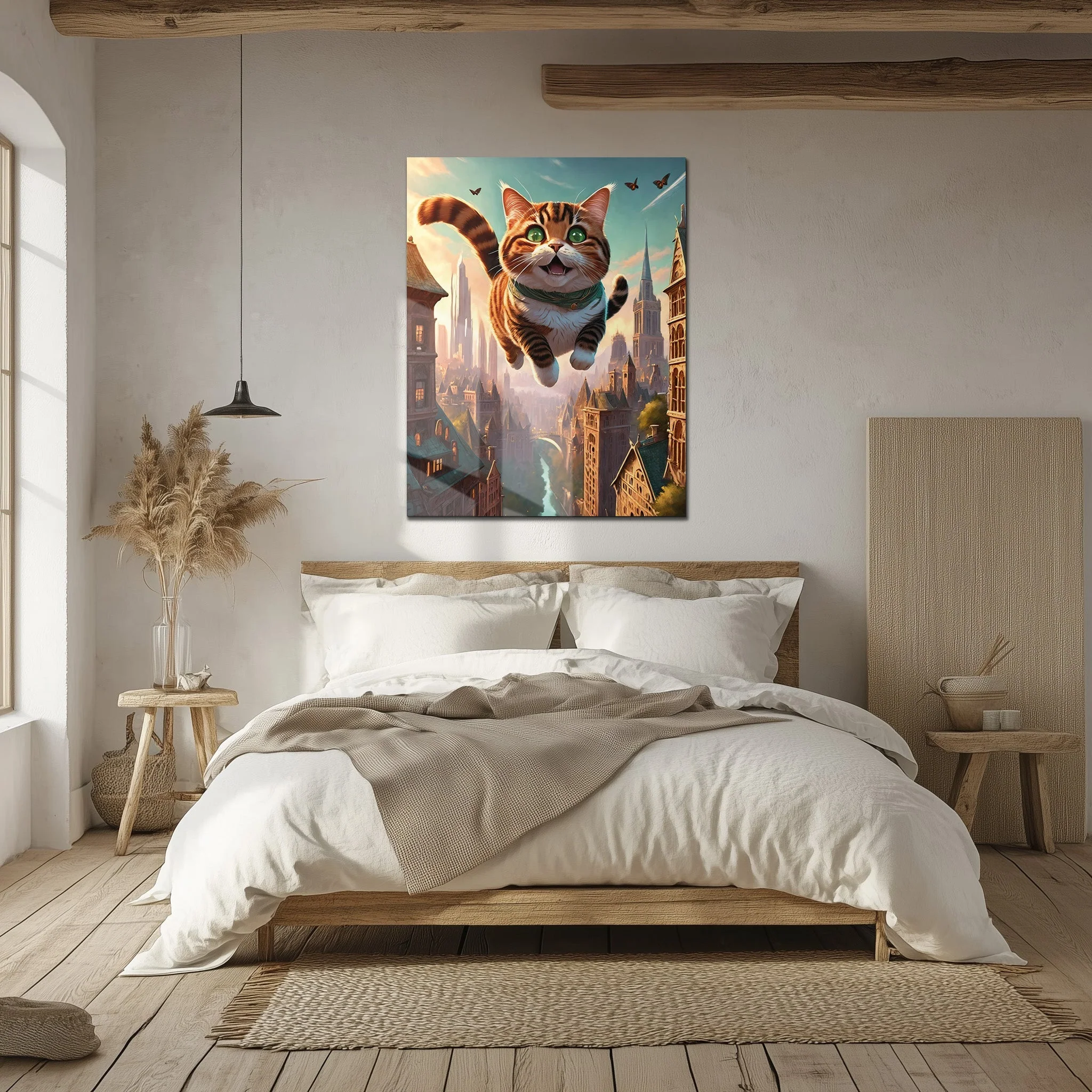 Flying Happy Cat Glass Wall Art – Fantasy City Adventure UV Print-KAFCD058 - Image 4