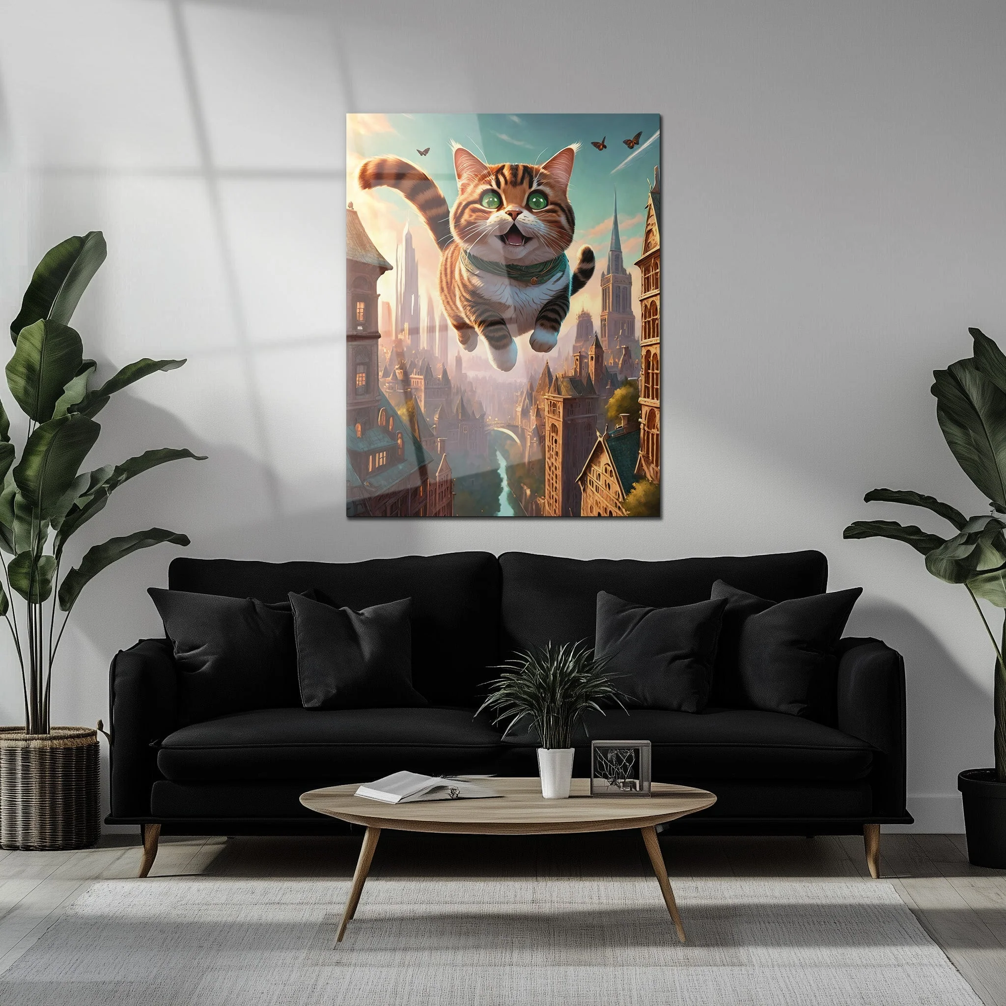 Flying Happy Cat Glass Wall Art – Fantasy City Adventure UV Print-KAFCD058 - Image 5