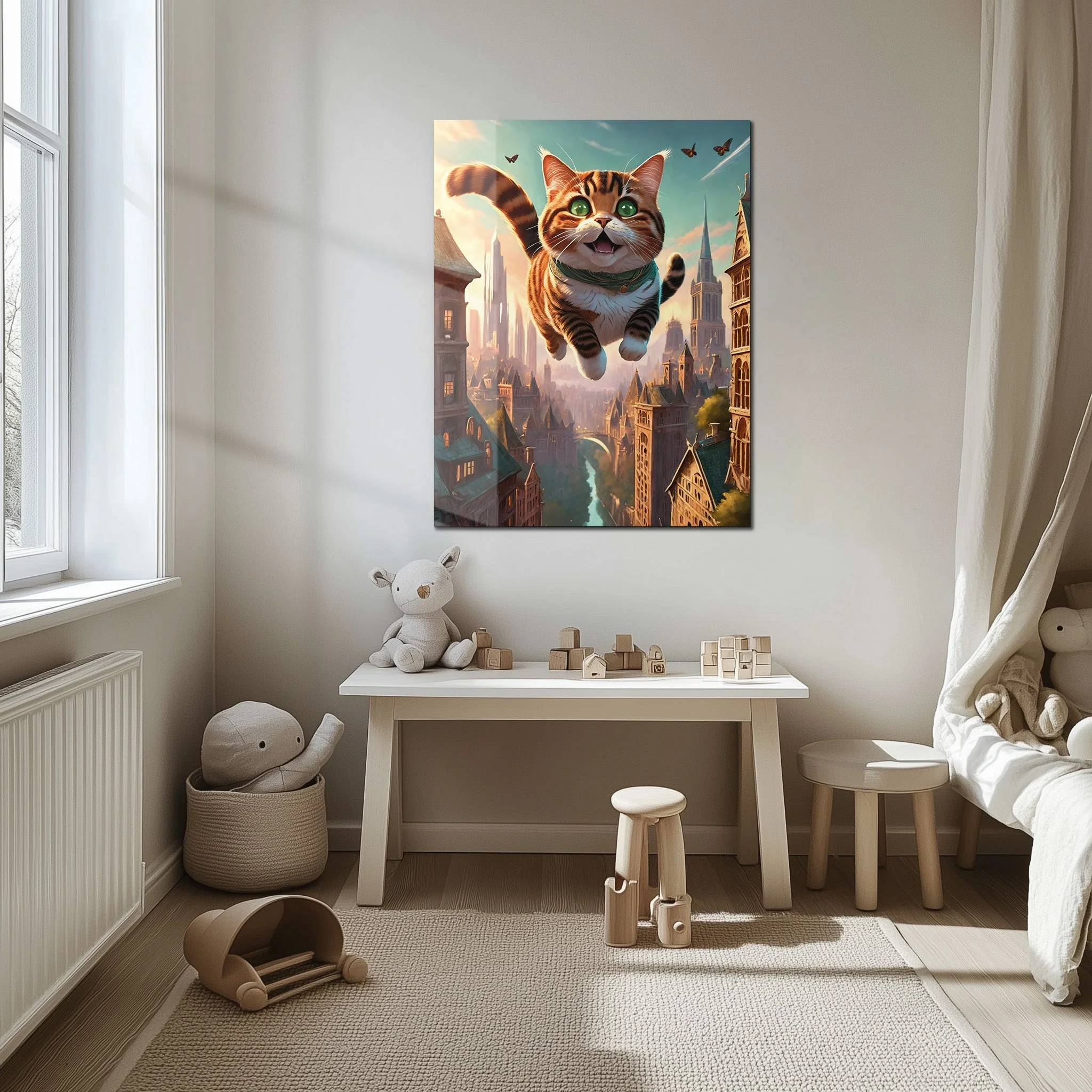 Flying Happy Cat Glass Wall Art – Fantasy City Adventure UV Print-KAFCD058 - Image 6