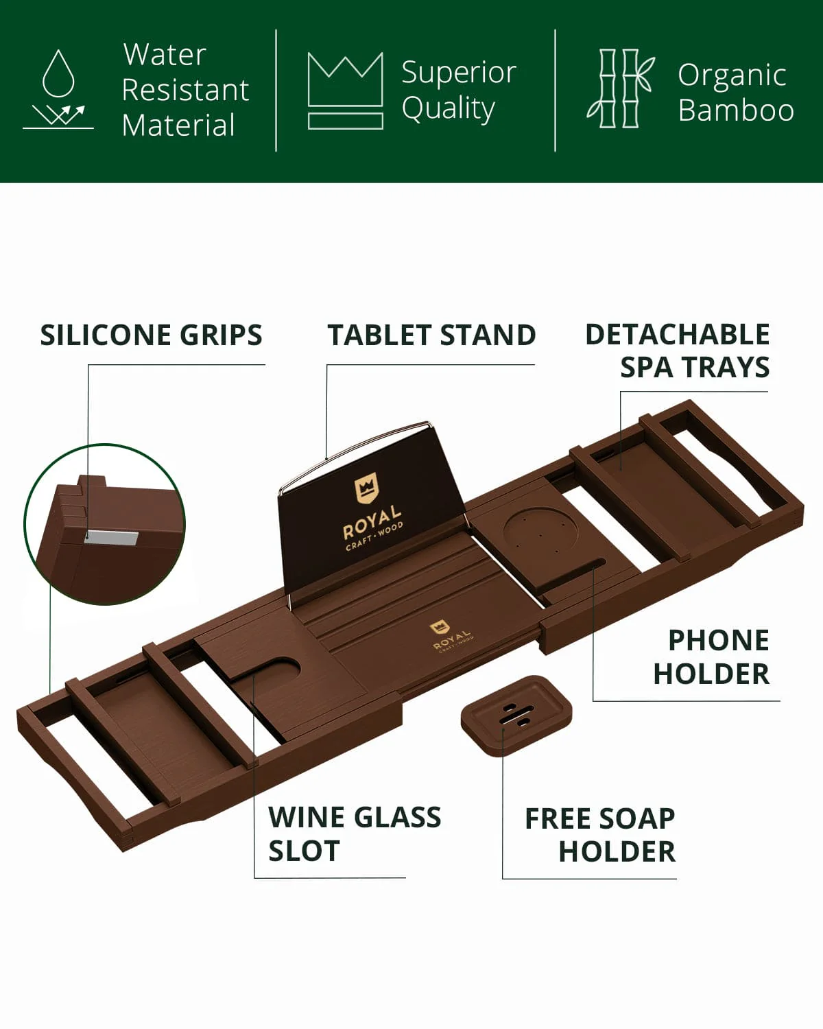 Foldable Bathtub Caddy Tray, Brown - Image 2